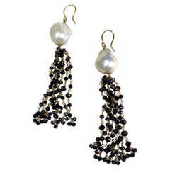 Black Diamond and White Baroque Pearl Tassel Earrings, 18k Gold