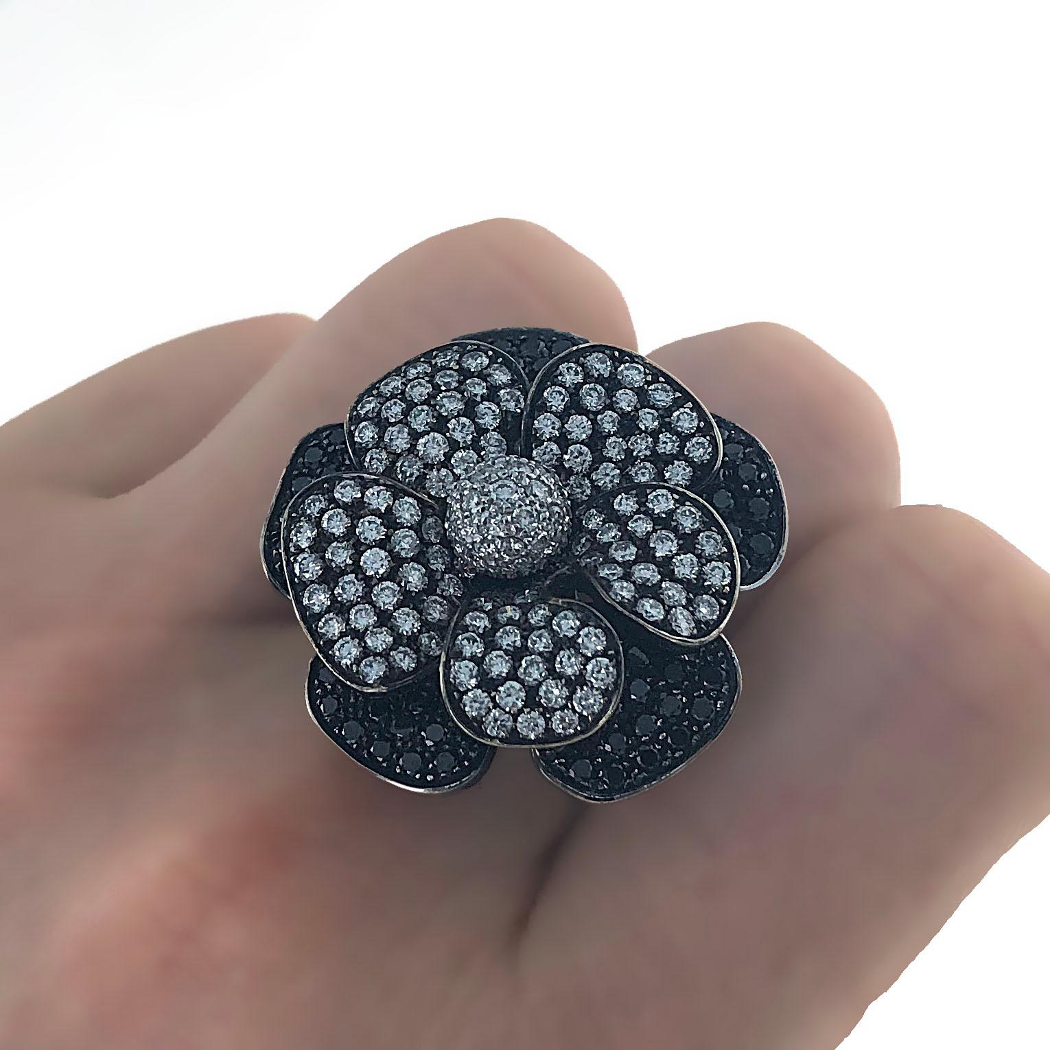 Modern Black Diamond and White Diamond Flower Cocktail Ring