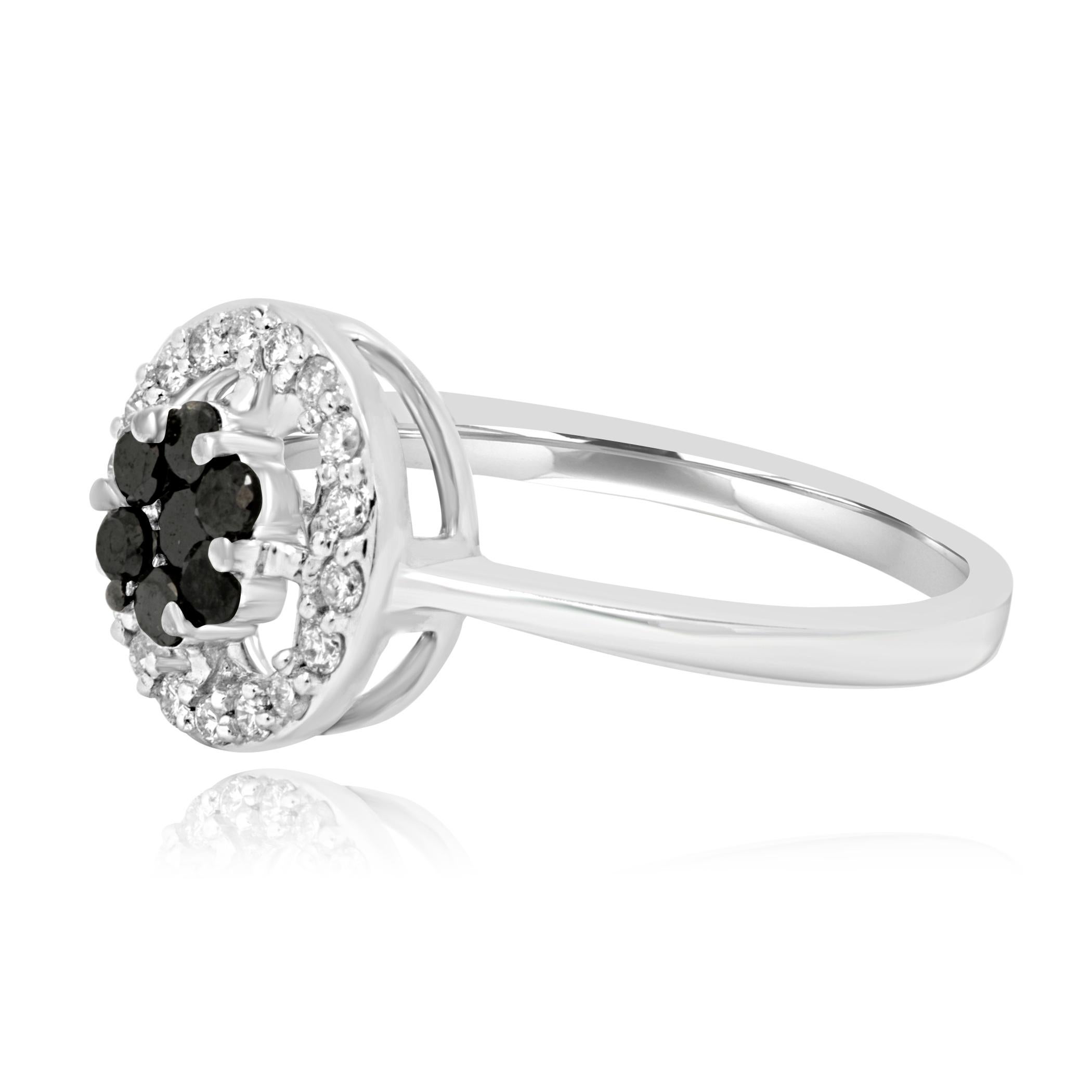 Simple yet elegant Round Black Diamond Cluster 0.40 Carat in a single halo of white round diamonds 0.10 Carat in 14K White Gold 

Total Diamond Weight 0.50 Carat 