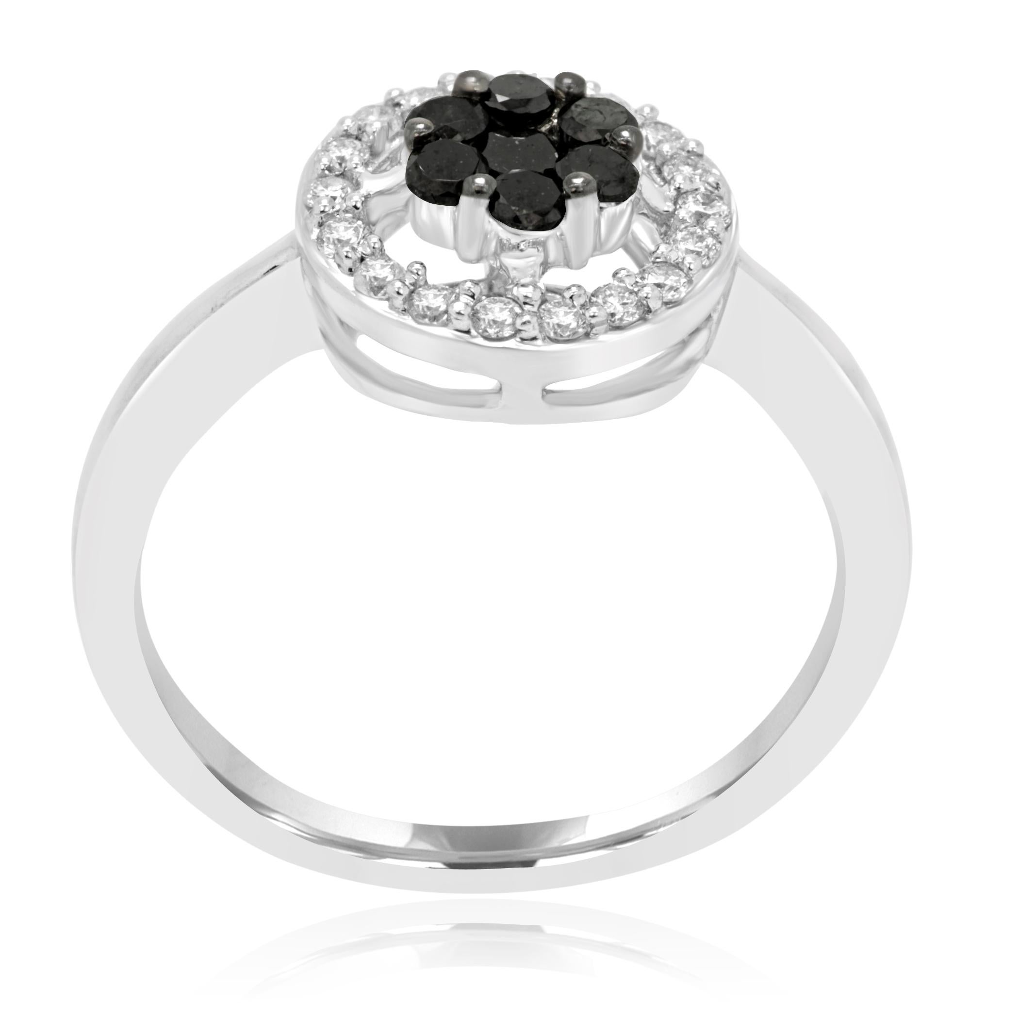 Round Cut Black Diamond and White Diamond Halo Gold Fashion Cocktail Ring