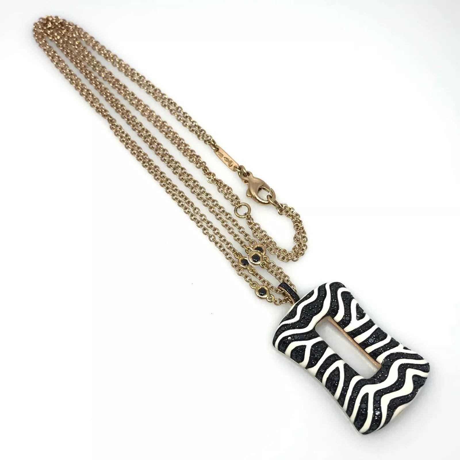 Round Cut Black Diamond and White Enamel Zebra Pendant Necklace in 18k Rose Gold For Sale