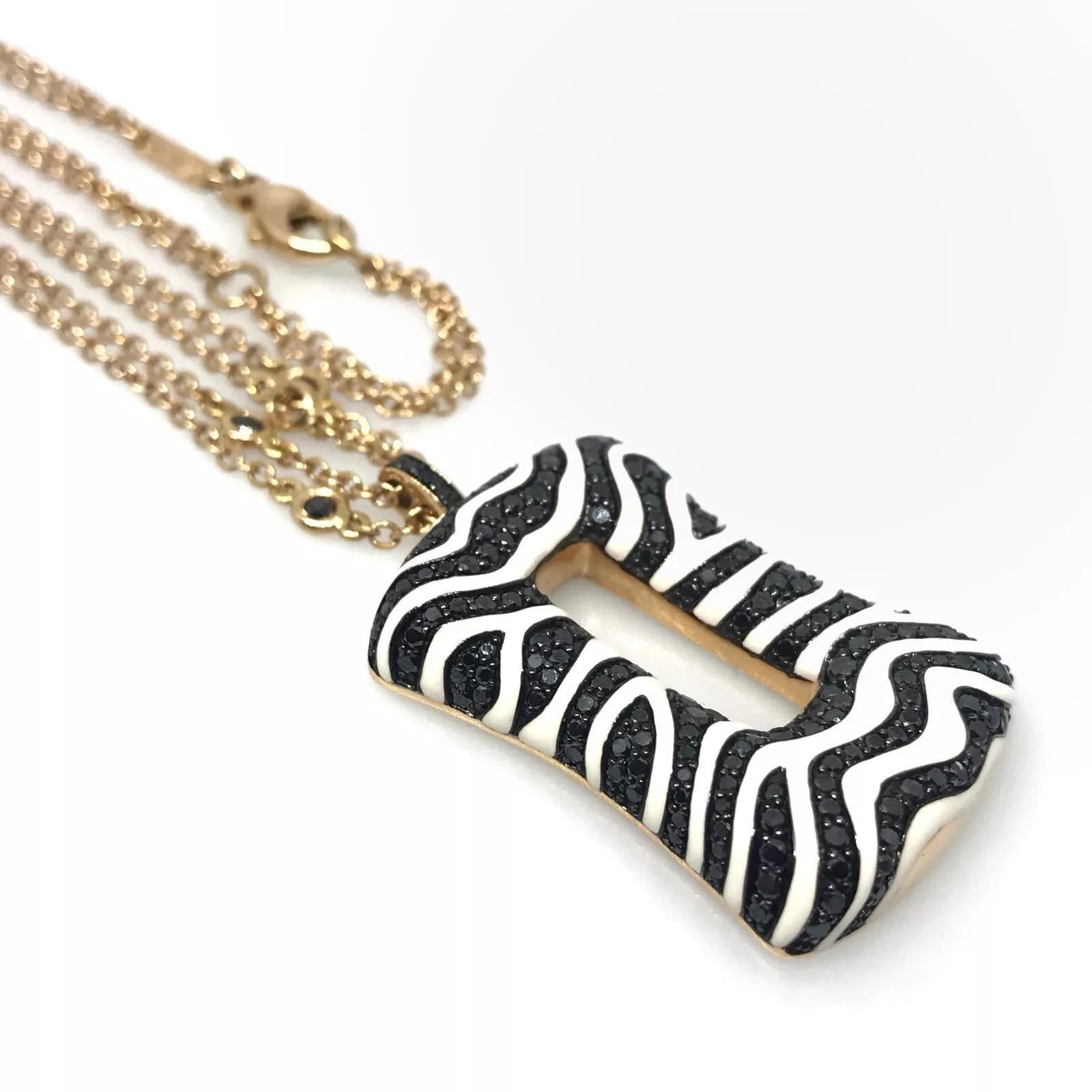 Black Diamond and White Enamel Zebra Pendant Necklace in 18k Rose Gold In Excellent Condition For Sale In La Jolla, CA