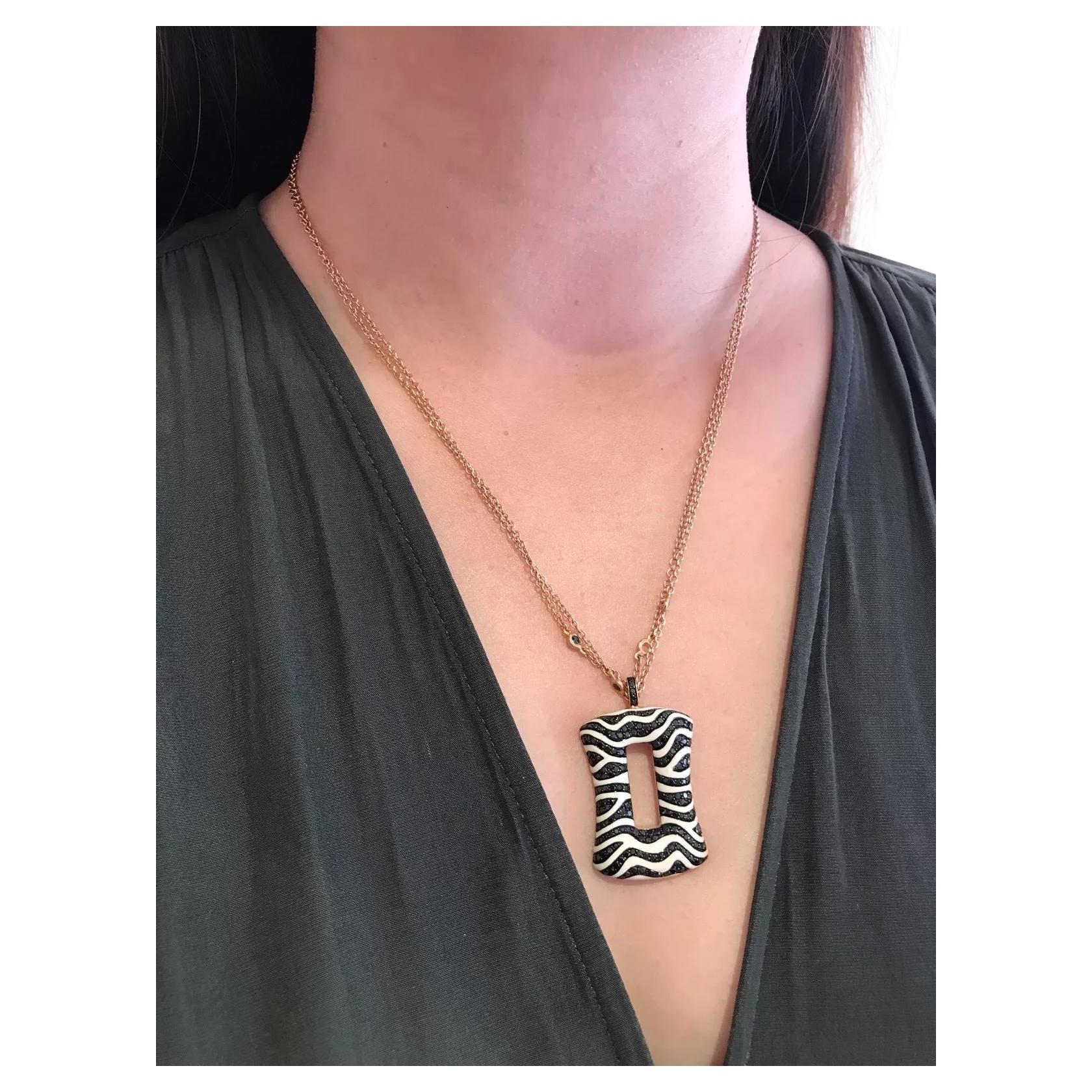Black Diamond and White Enamel Zebra Pendant Necklace in 18k Rose Gold