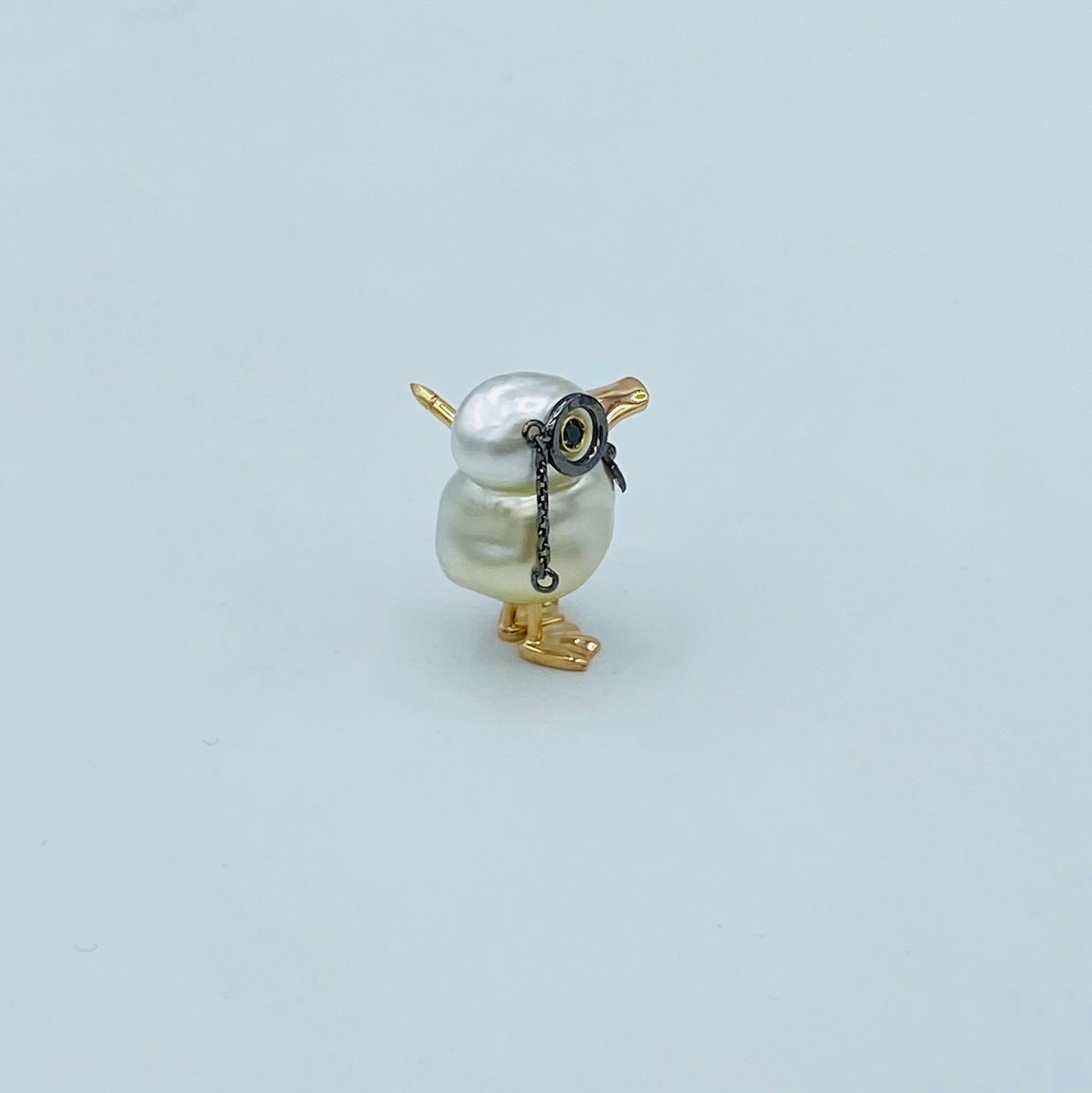 Artisan Black Diamond Australian Pearl 18kt Gold Pin Brooch Monocle Duck, Made in Italy