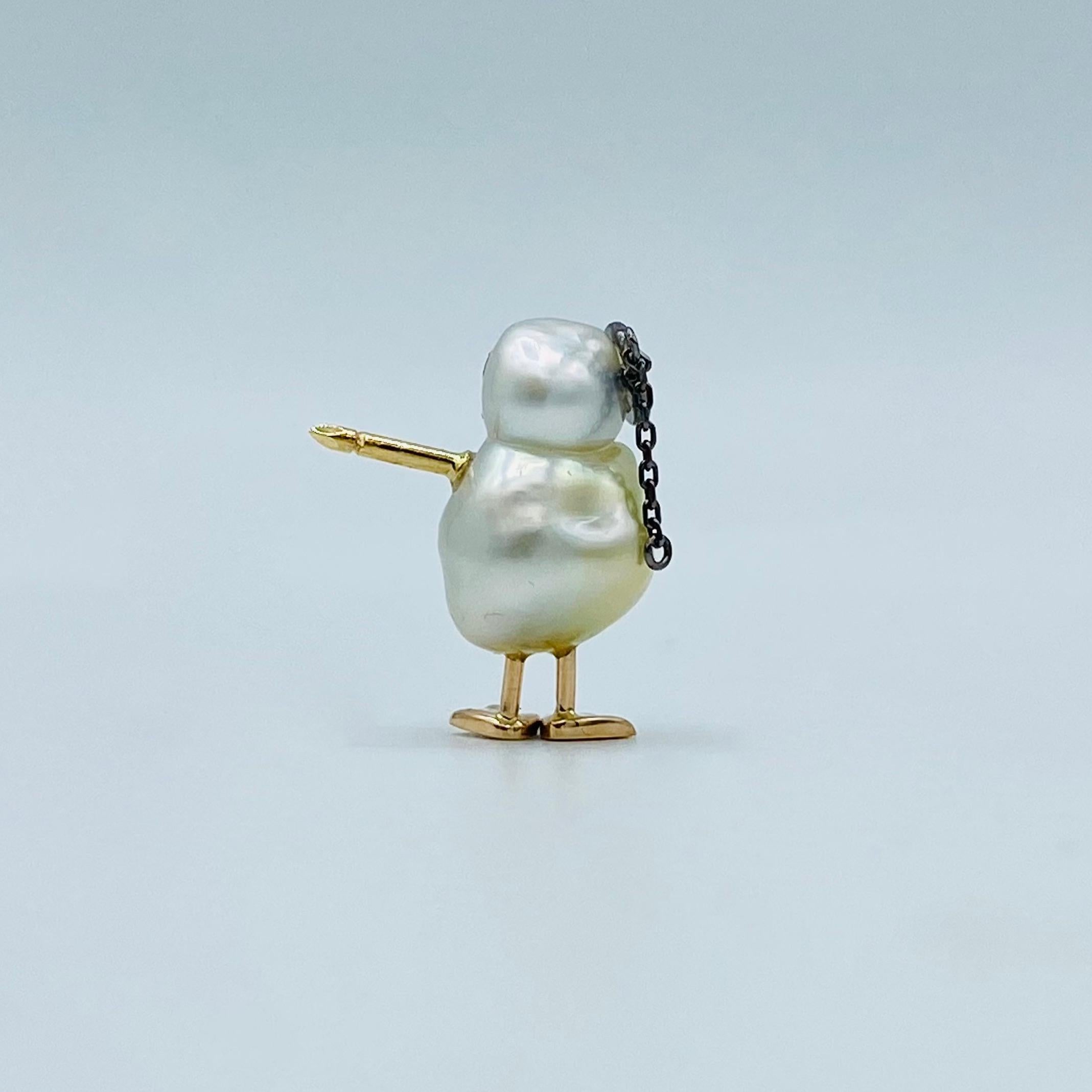 Women's or Men's Black Diamond Australian Pearl 18kt Gold Pin Brooch Monocle Duck, Made in Italy