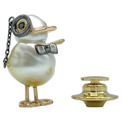 Black Diamond Australian Pearl 18kt Gold Pin Brooch Monocle Duck, Made in Italy