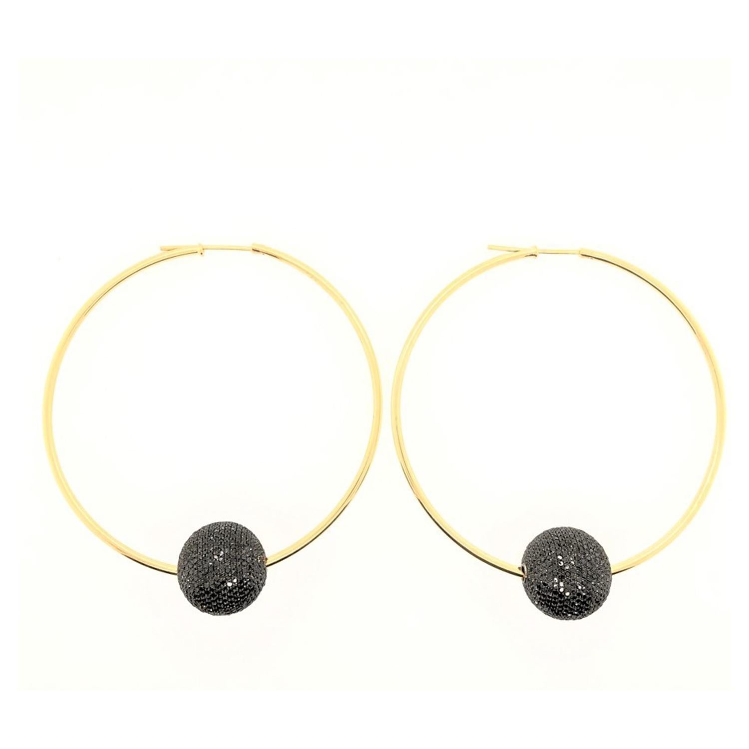 Round Cut Black Diamond Ball Hoop Earrings Made in 18k Gold For Sale