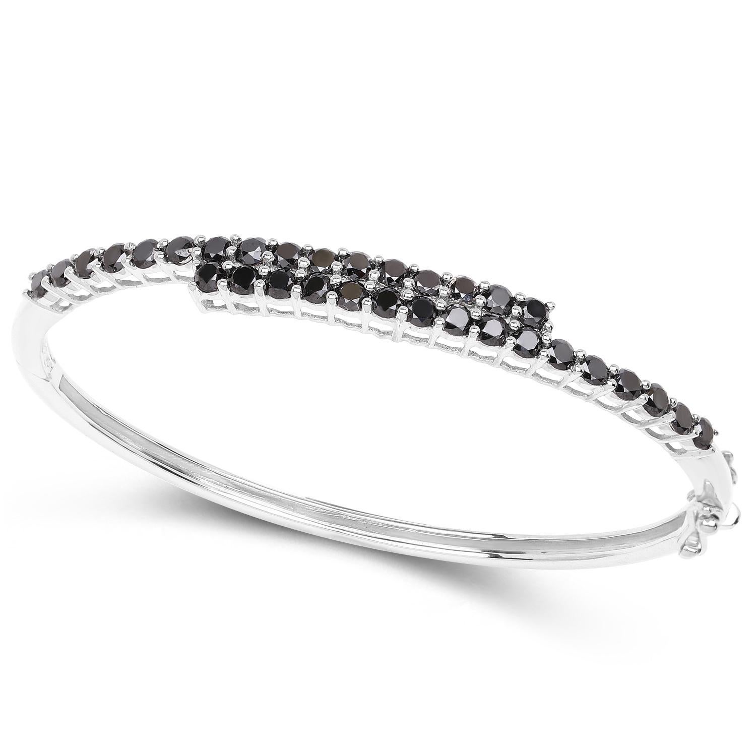 Round Cut Black Diamond Bangle Bracelet 3.98 Carats Sterling Silver For Sale
