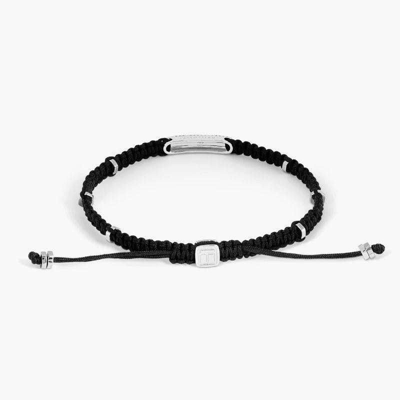 Black Diamond Baton Bracelet in Black Macramé and Sterling Silver, Size L

99 single-cut black pave set diamonds sit within our rhodium-plated, sterling silver frame with silver disc elements added around the bracelet, to give little flashes of