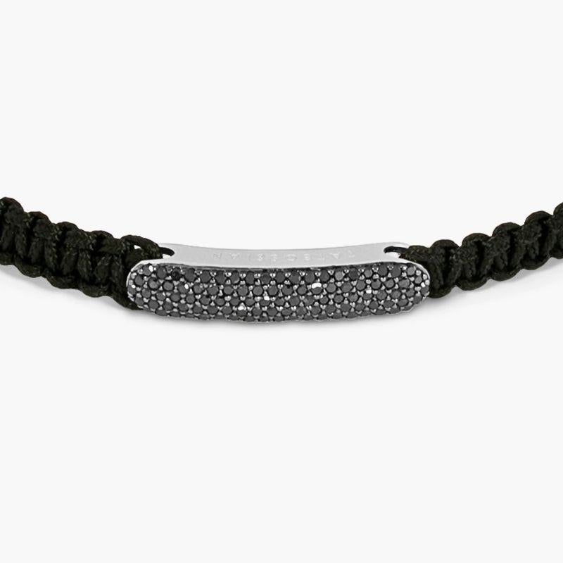 Single Cut Black Diamond Baton Bracelet in Black Macramé and Sterling Silver, Size L For Sale