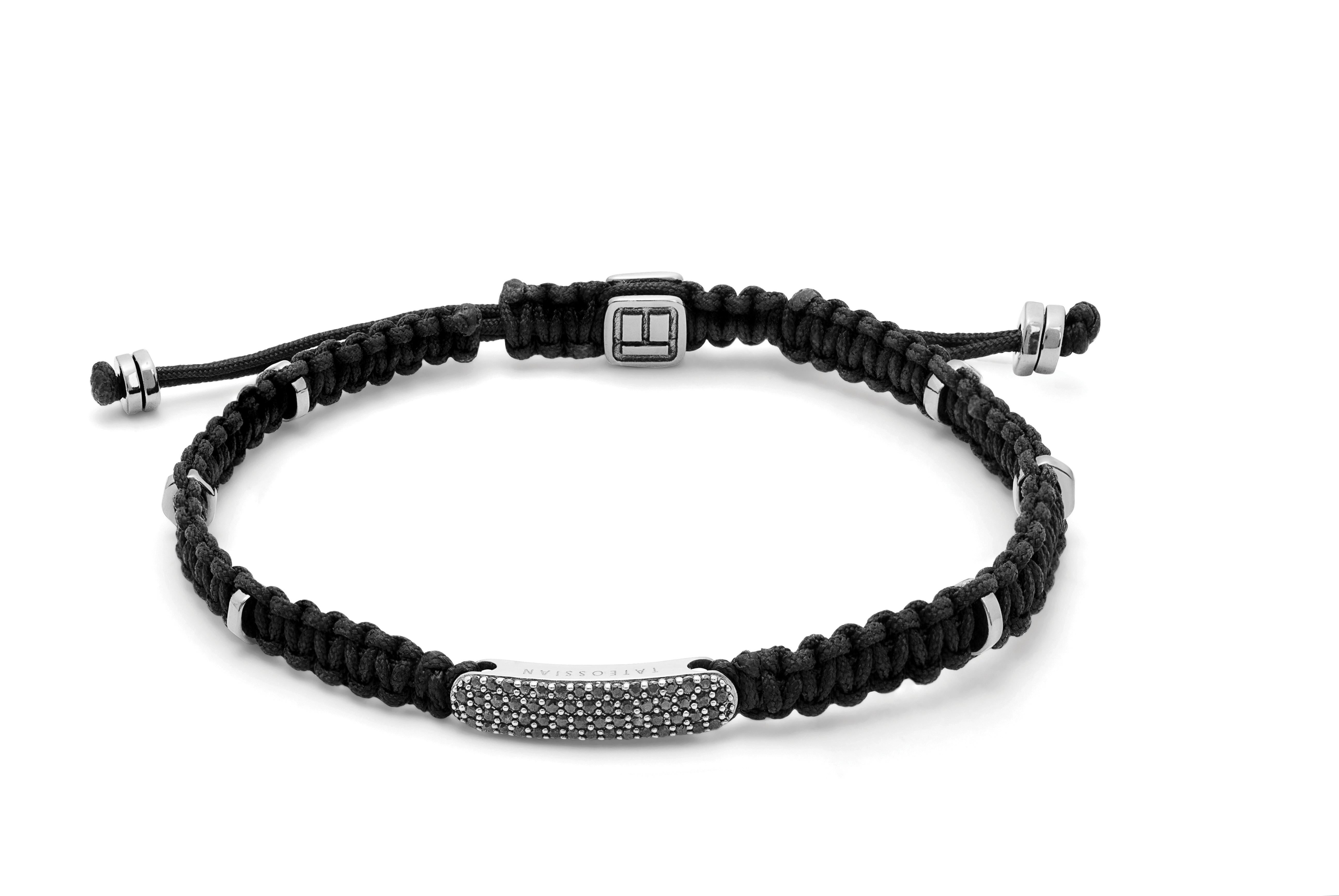 Black Diamond Baton Bracelet in Black Macramé and Sterling Silver, Size L In New Condition For Sale In Fulham business exchange, London