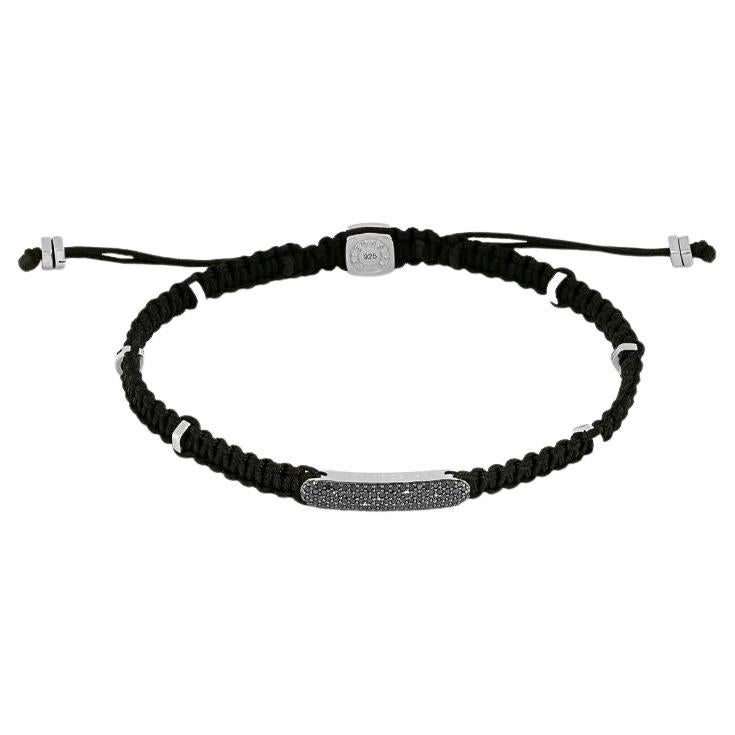 Black Diamond Baton Bracelet in Black Macramé and Sterling Silver, Size S For Sale