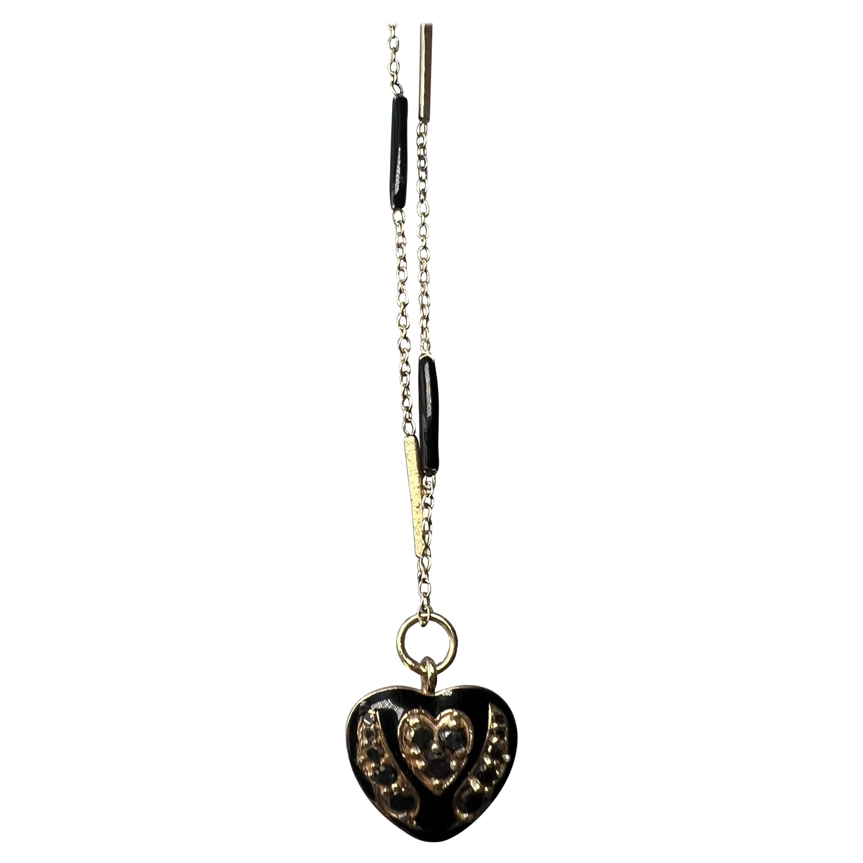Black Diamond Black Heart Necklace Enamel Victorian Style For Sale