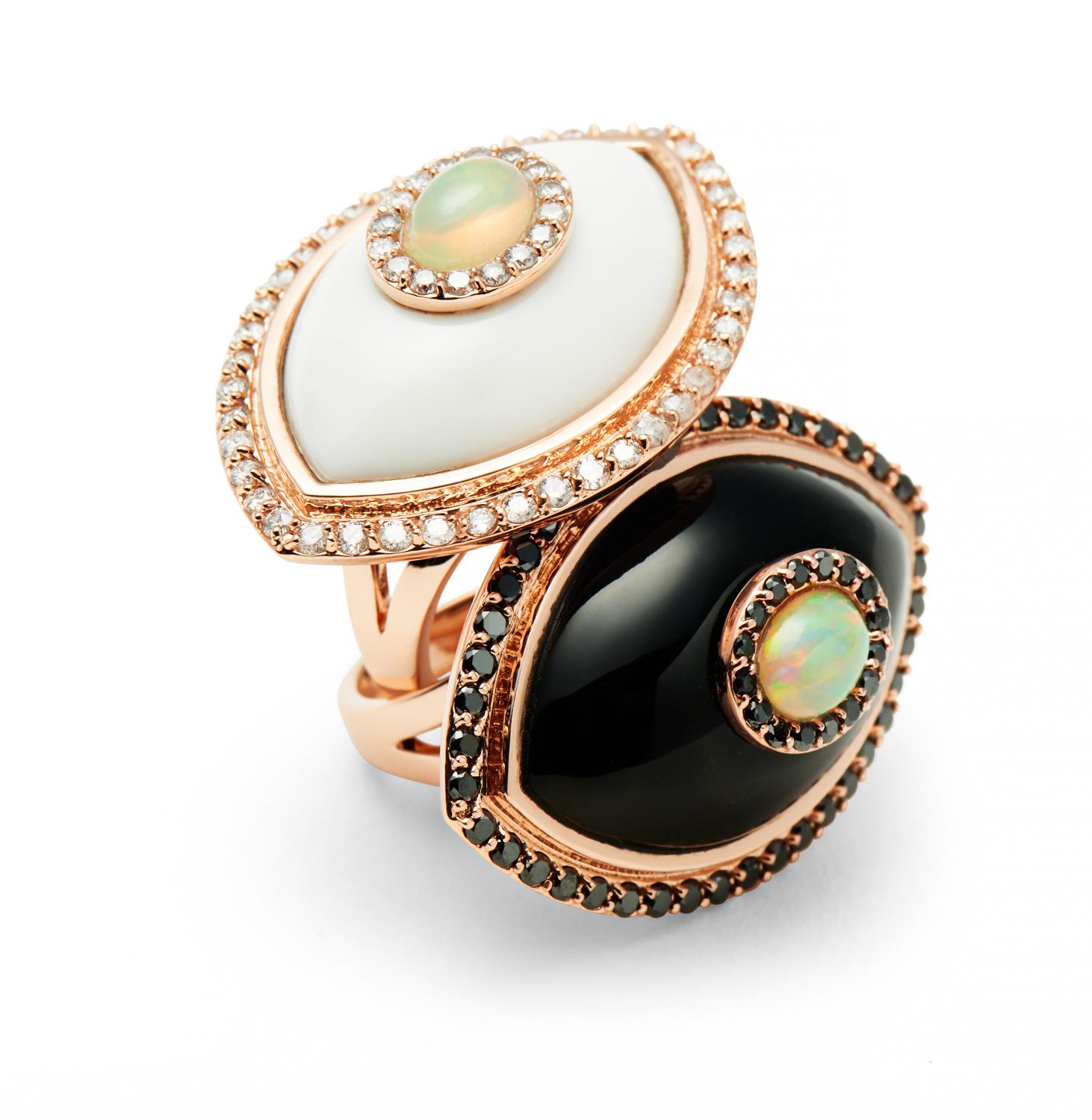 An ancient talisman originating from the near east, The Marlo Laz iconic Eyecon series revisits the evil eye with our own sculptural, ornate perspective and an ode to surrealism. Black onyx for protection, Black diamonds for strength, and opals for