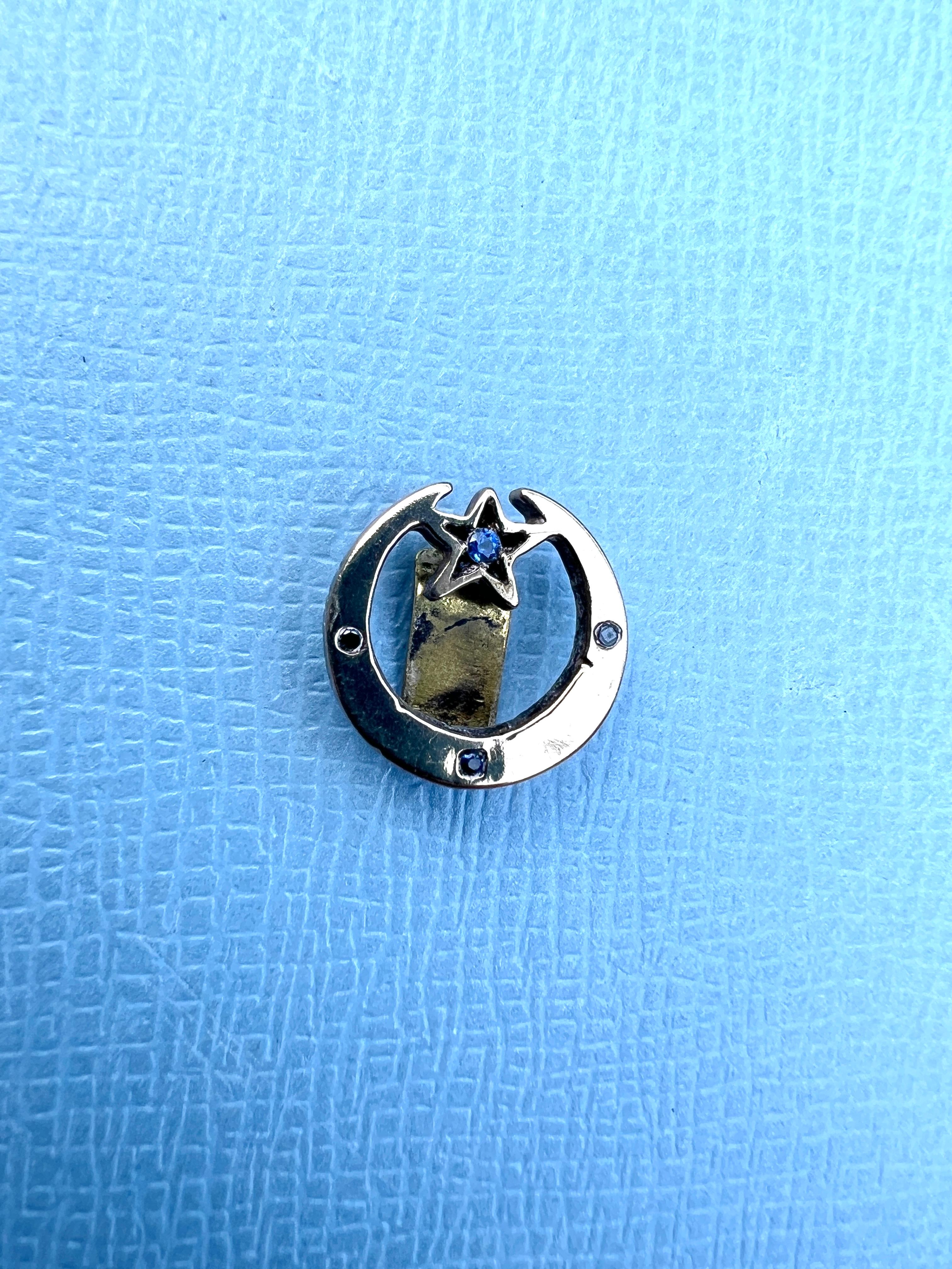 Brilliant Cut Black Diamond Blue Sapphire Earring Crescent Moon For Sale
