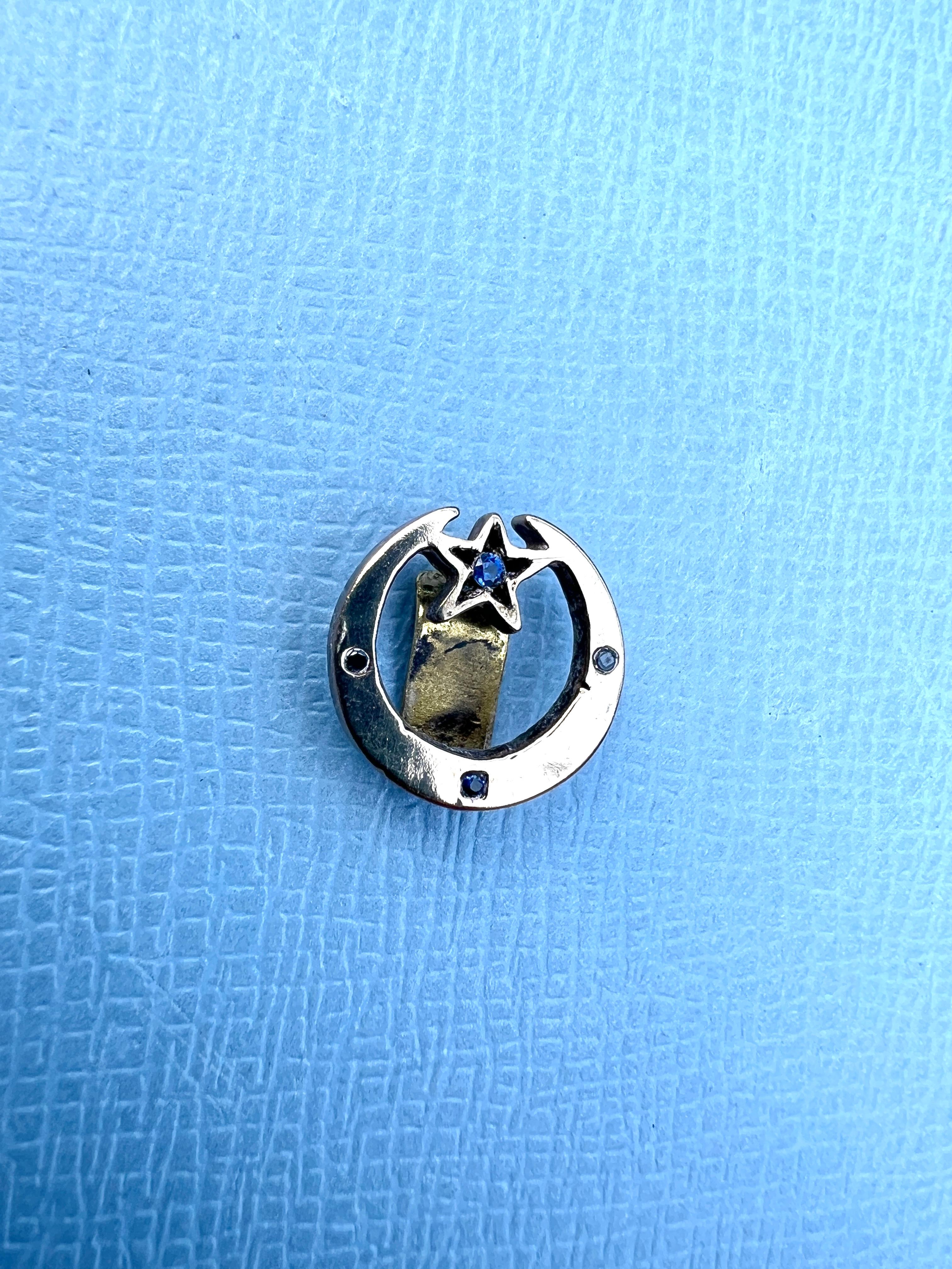 Women's or Men's Black Diamond Blue Sapphire Earring Crescent Moon For Sale