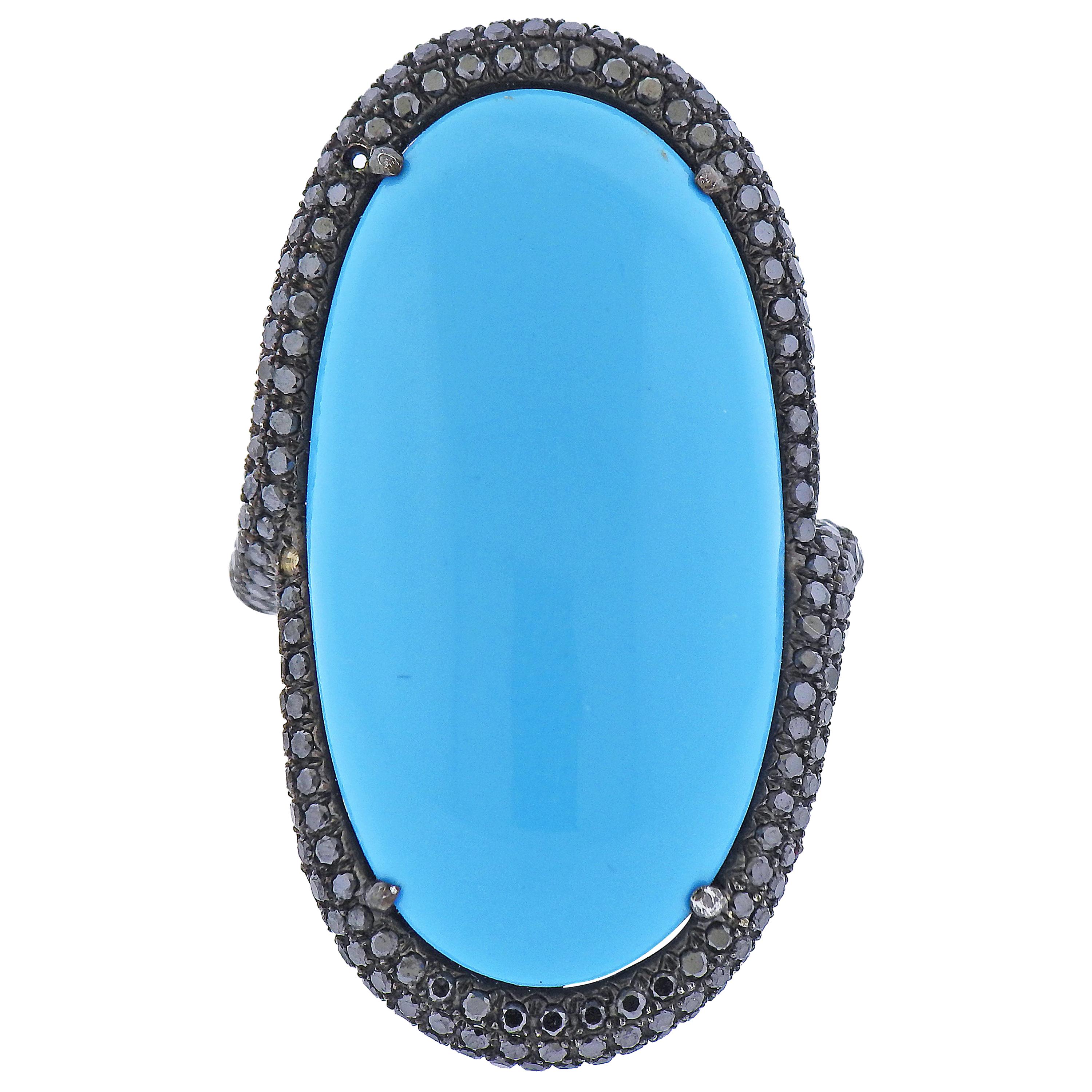 Black Diamond Blue Stone Gold Cocktail Ring For Sale