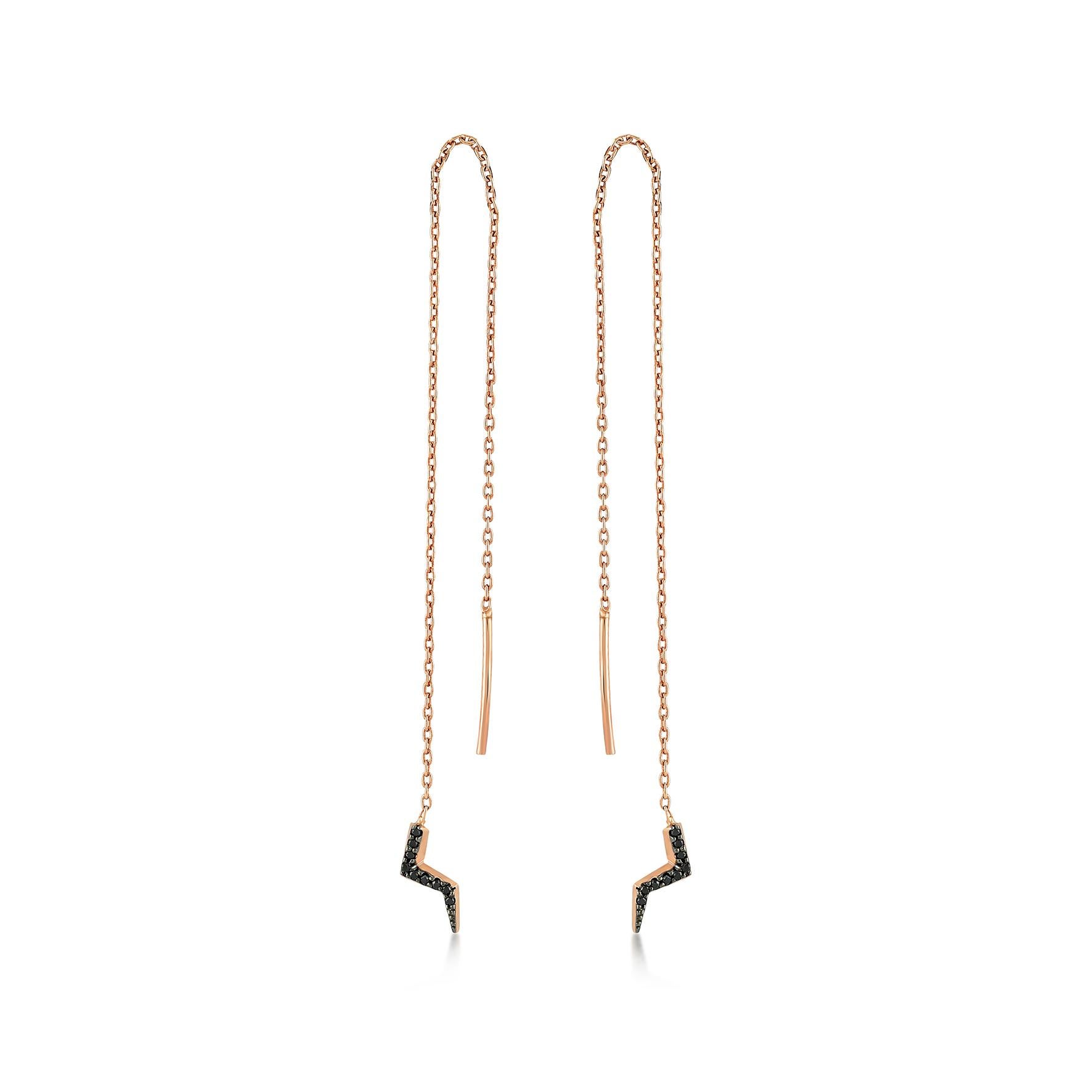 Moderne Boucles d'oreilles lumineuses à chaîne en or rose avec diamants noirs « Single » en vente