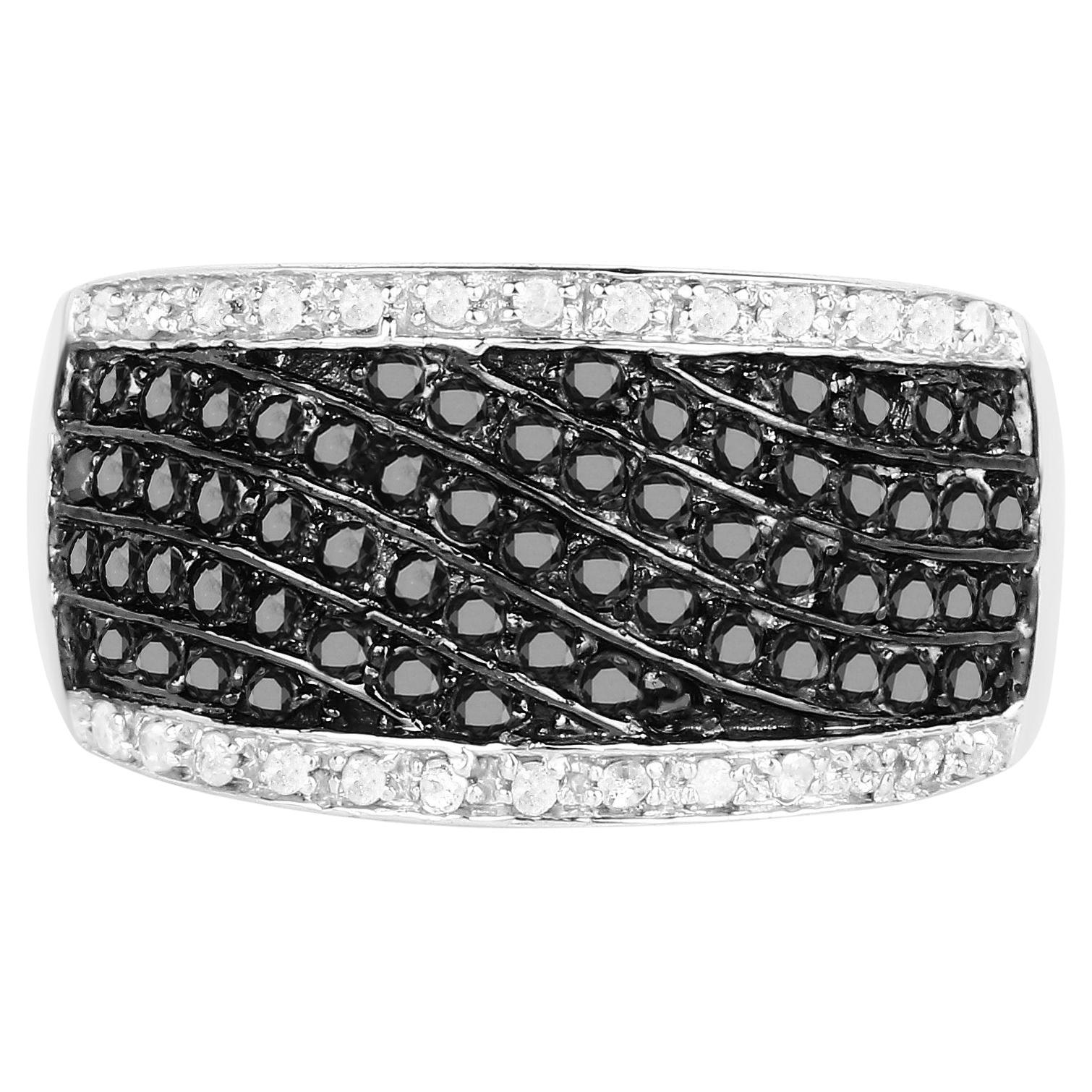 Bague à grappes de diamants noirs Diamants blancs 0,78 carats Argent Sterling