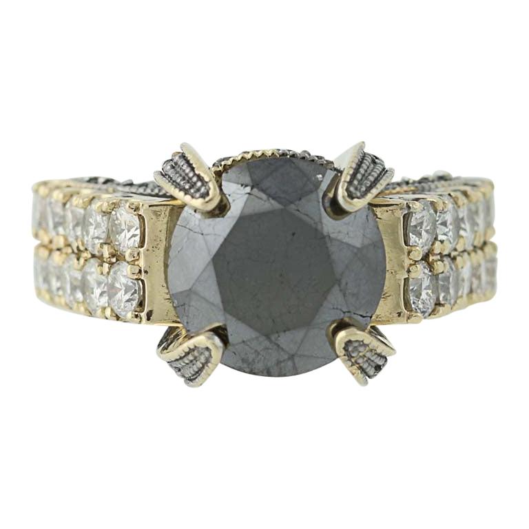 Black Diamond Cocktail Ring 14 Karat Gold Round Solitaire White Accents 5.13ct