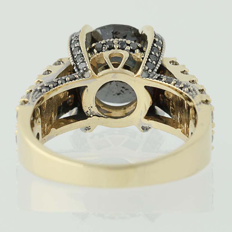 Black Diamond Cocktail Ring 14 Karat Gold Round Solitaire White Accents 5.13ct In Excellent Condition In Greensboro, NC