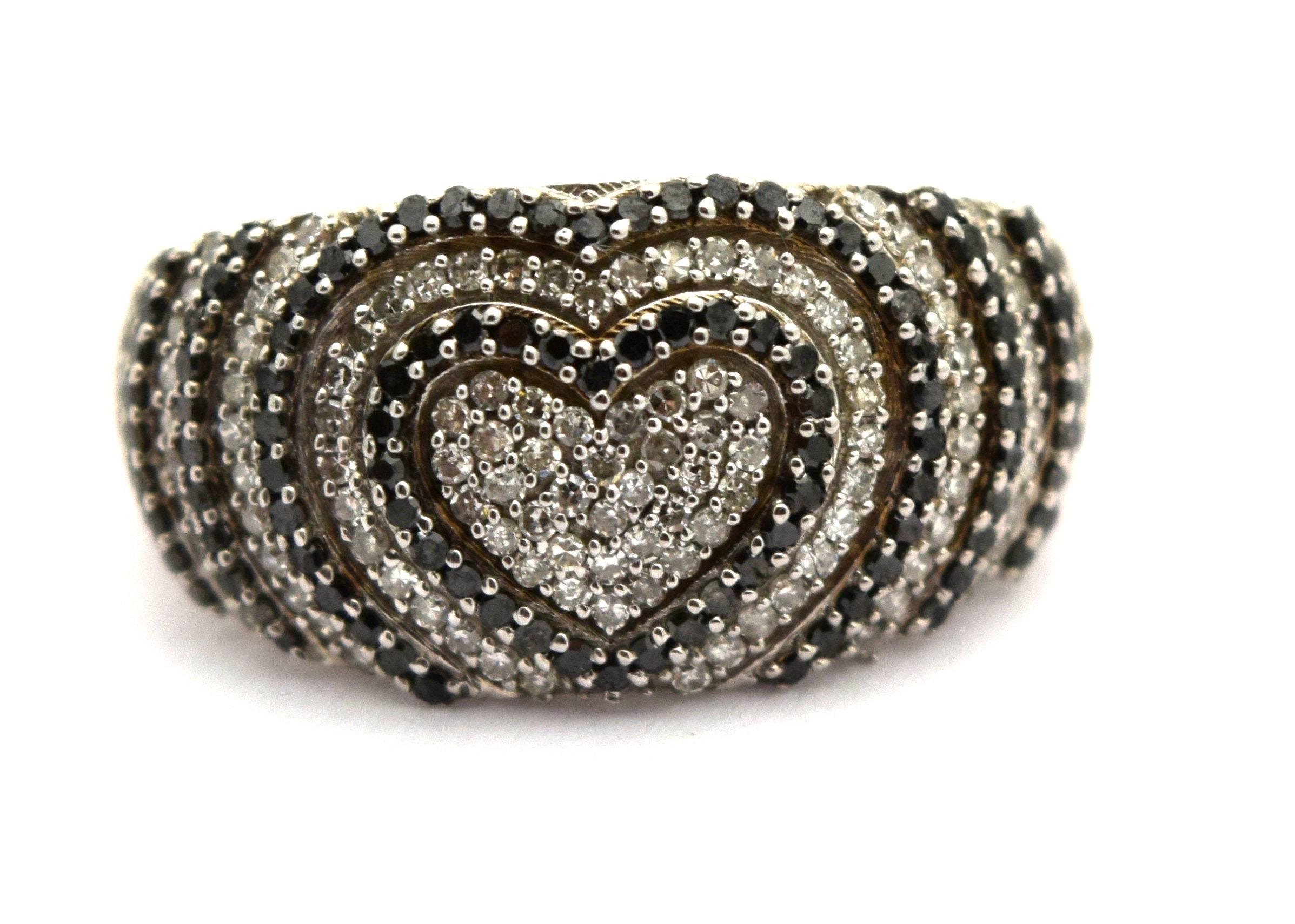 Brilliant Cut Black diamond cocktail ring 14KT white gold large dome ring heart ring For Sale