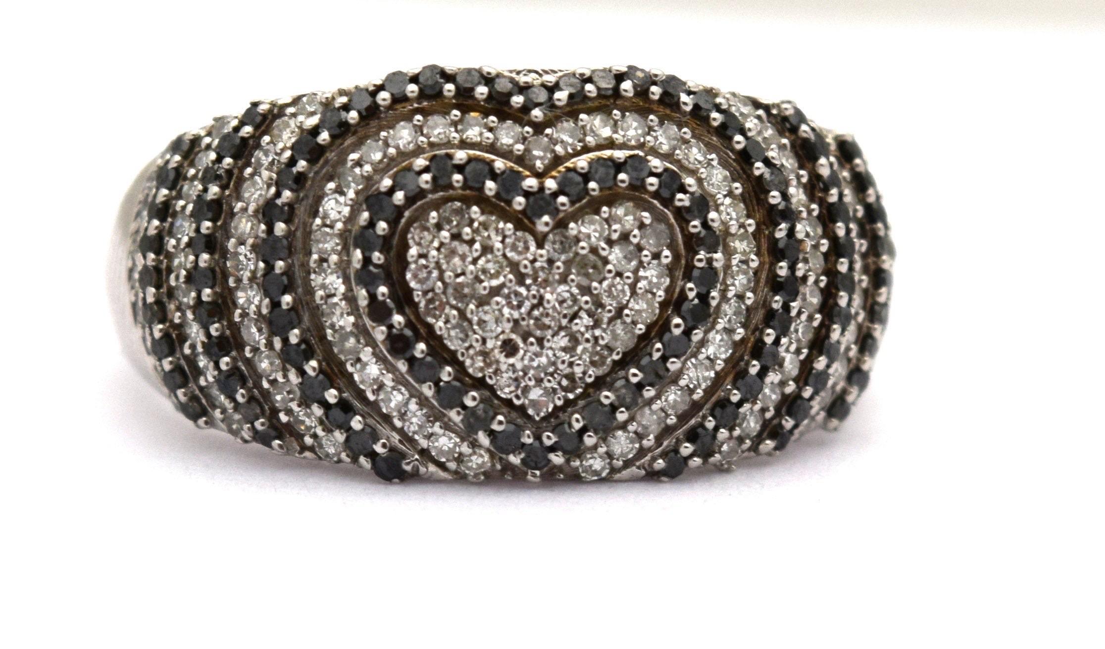 Black diamond cocktail ring 14KT white gold large dome ring heart ring In New Condition For Sale In Boca Raton, FL