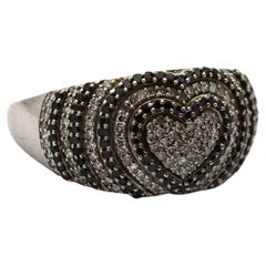 Black diamond cocktail ring 14KT white gold large dome ring heart ring