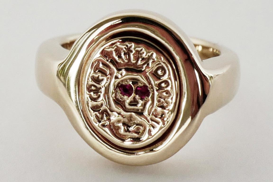 Women's or Men's Black Diamond Crest Signet Ring Gold Vermeil Victorian Style Skull J Dauphin For Sale