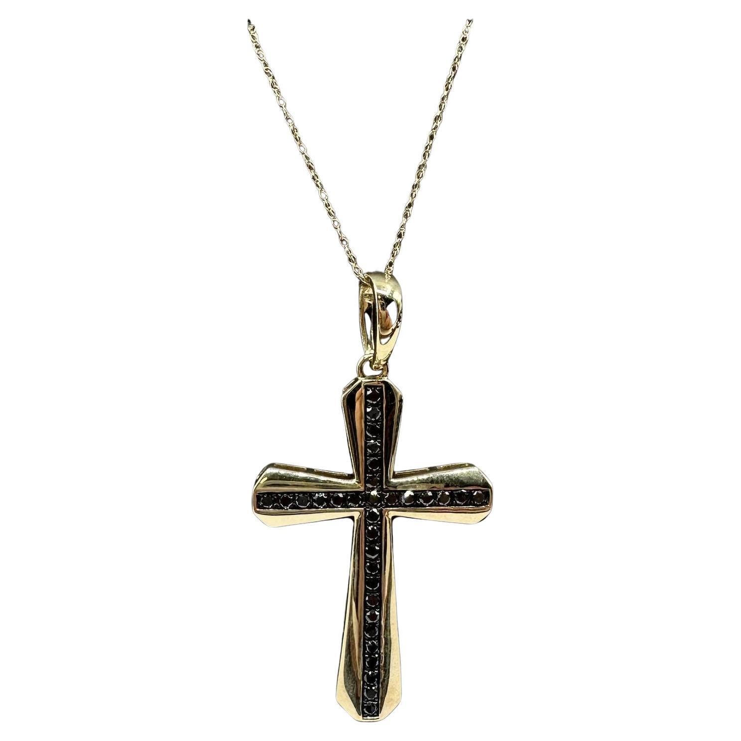 Black Diamond Cross in 10kt Yellow Gold - 0.50ctw, 18", Spring Ring Clasp, New For Sale