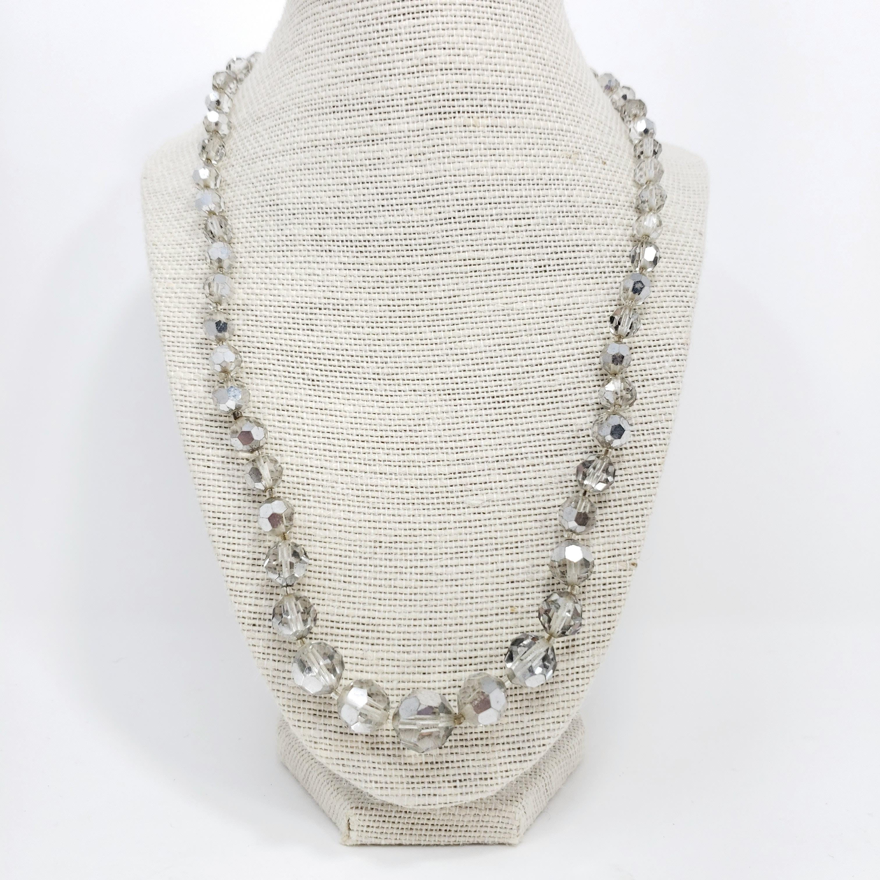 Vintage black diamond crystal necklace, featuring graduated sparkling beads and a silver-tone clasp.