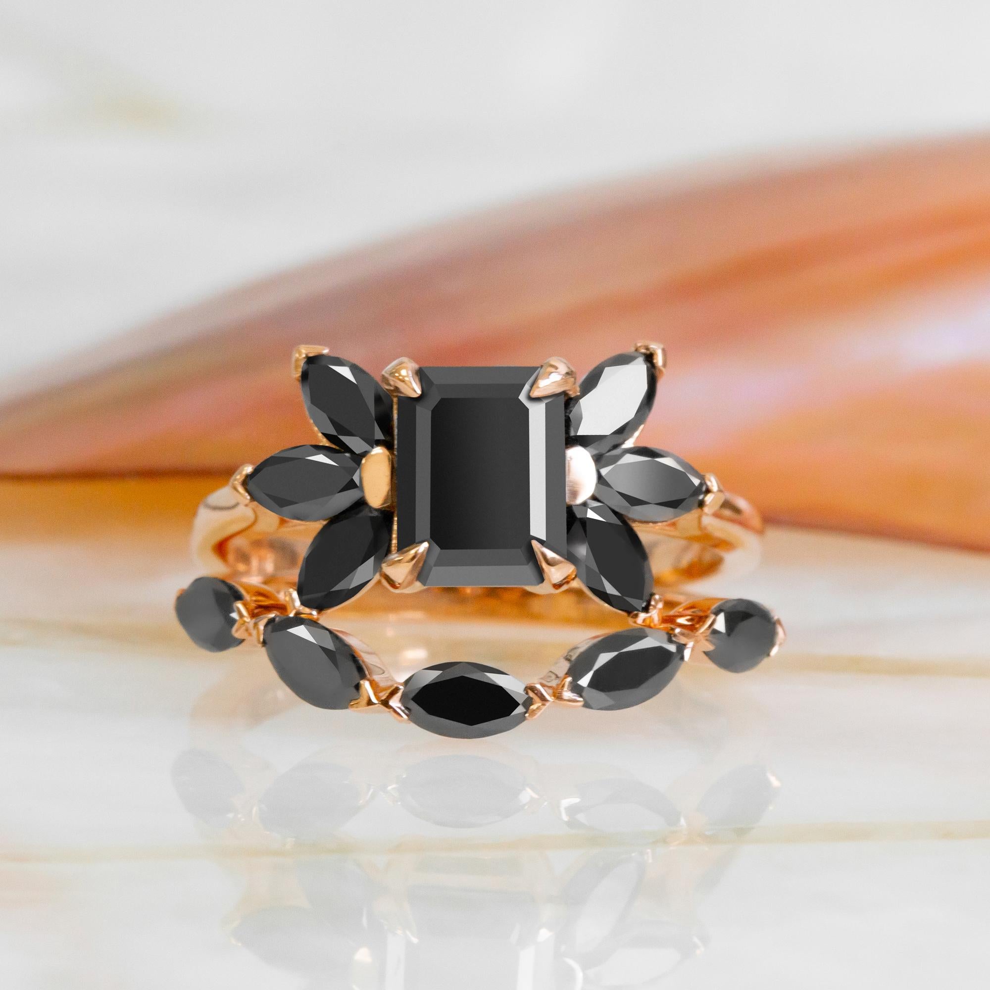 Black Diamond Curved Matching Band with 0.68 Carats Marquise Cuts in Rose Gold For Sale 5