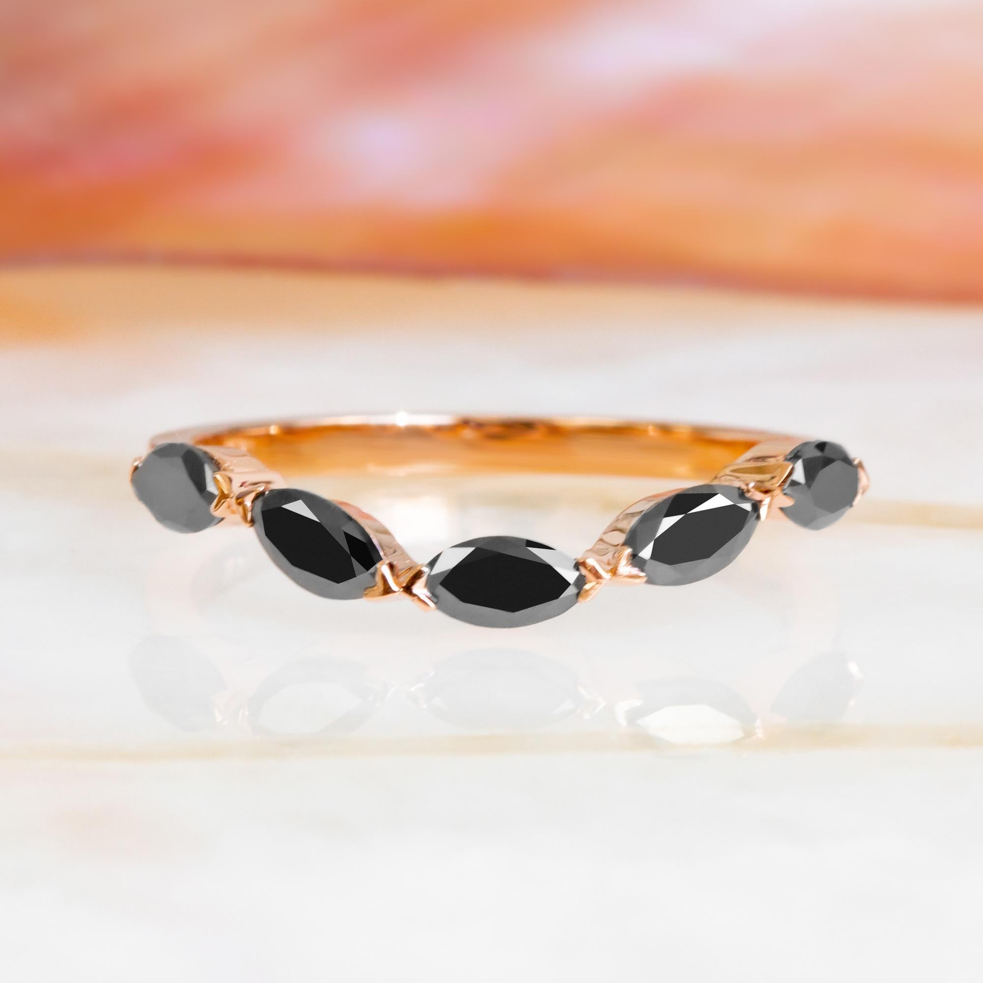 Art Deco Black Diamond Curved Matching Band with 0.68 Carats Marquise Cuts in Rose Gold For Sale