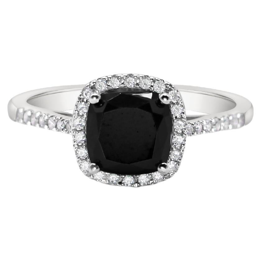 Black Diamond Cushion Cut Solitaire Ring in 18Kt White Diamonds Brilliant Cut For Sale