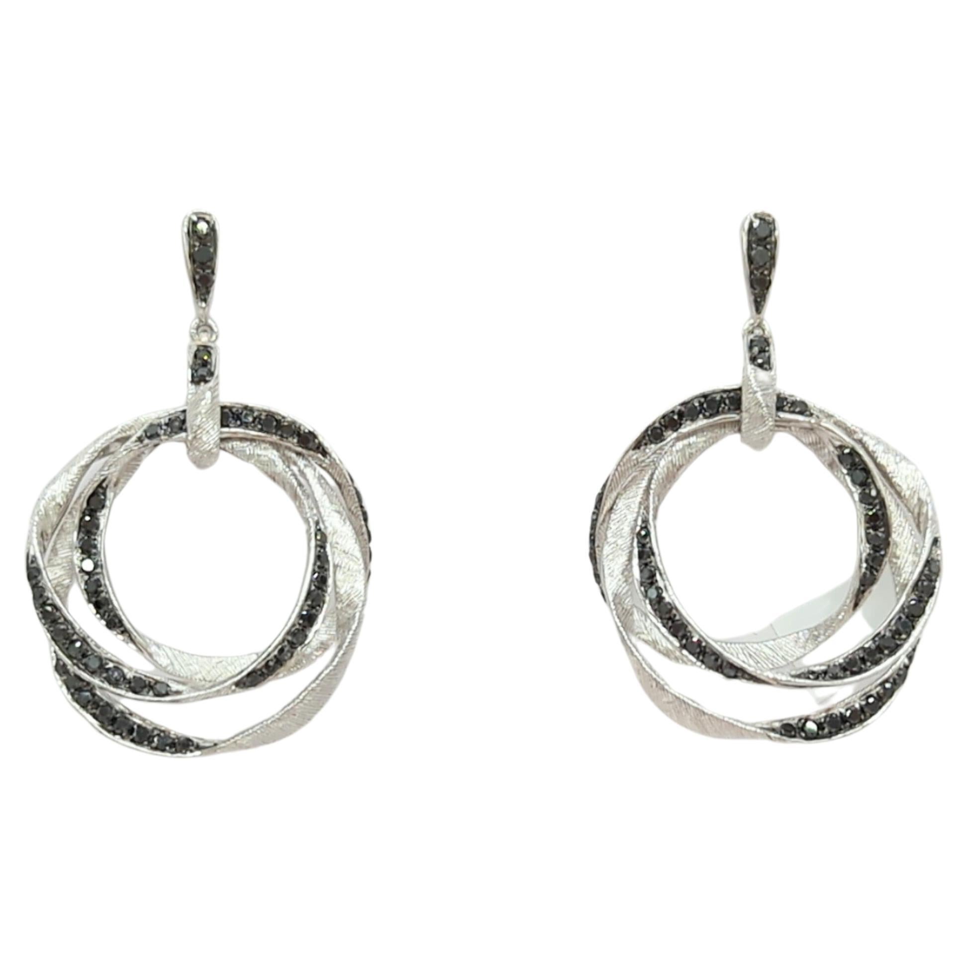 Black Diamond Dangle Earrings in 14K White Gold  For Sale