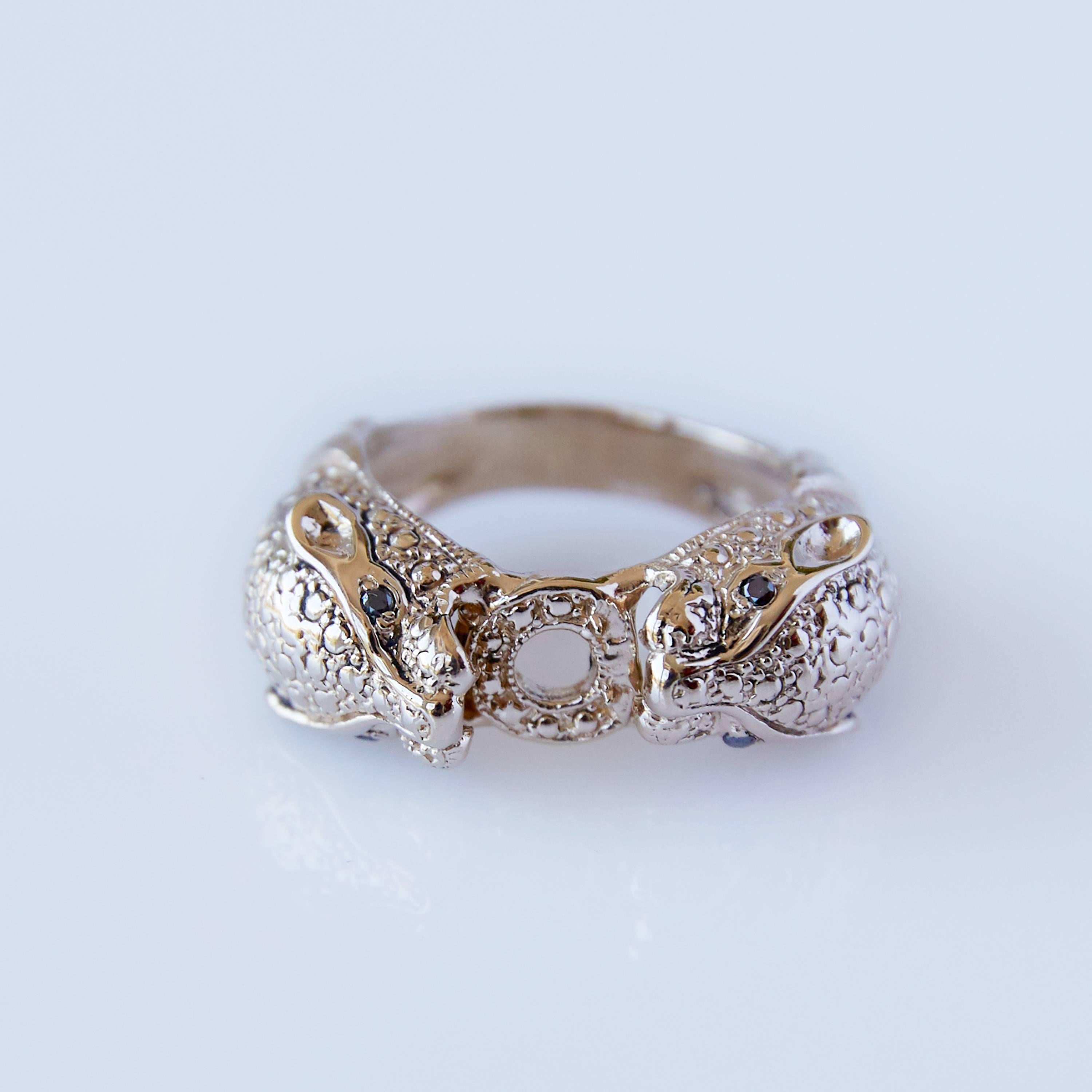 Women's or Men's Antiqued Black Diamond Panther Ring Jaguar Double Head Animal Ring J Dauphin