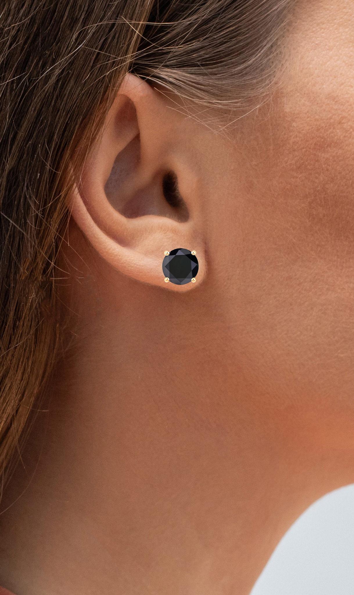Round Cut Black Diamond Earrings 4.76 Carats 14K Yellow Gold For Sale
