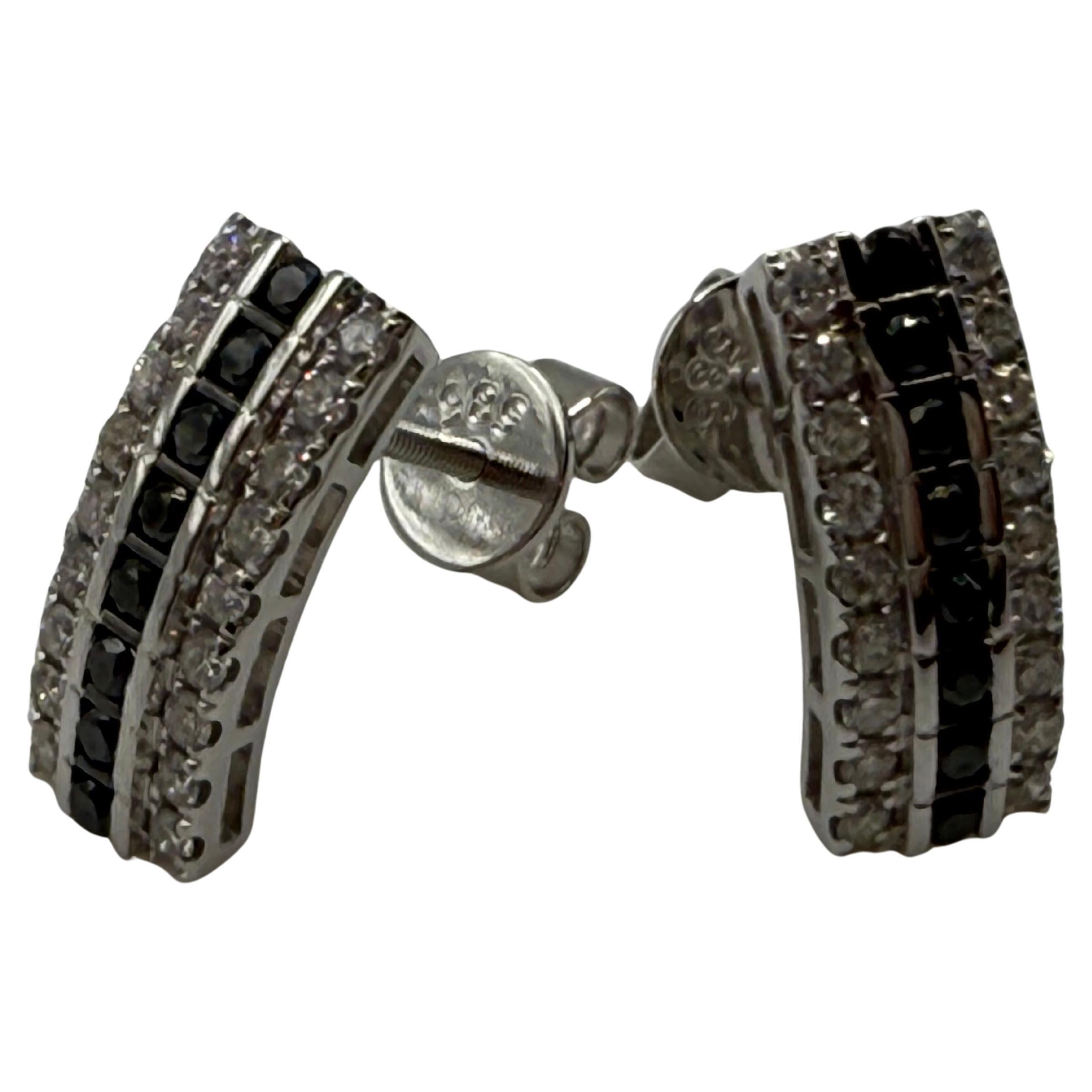 Black diamond earrings screw backs 14KT white gold modern design