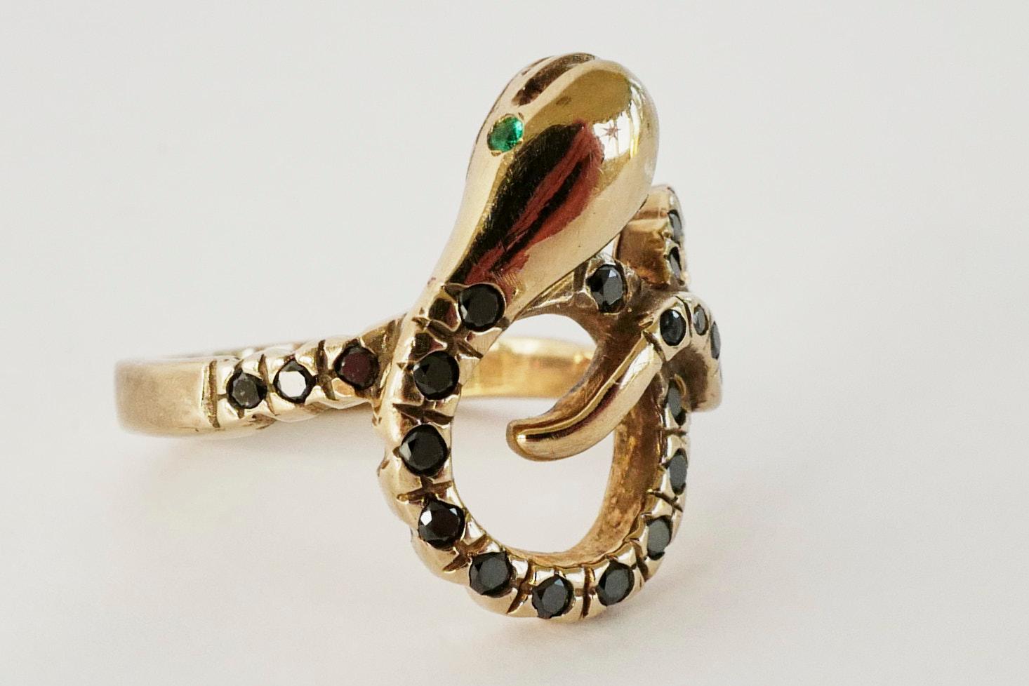 Round Cut Black Diamond Emerald Snake Ring Cocktail Ring Victorian Style Bronze J Dauphin For Sale