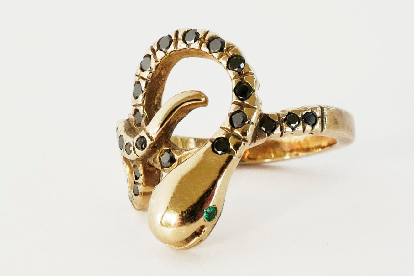 Women's Black Diamond Emerald Snake Ring Cocktail Ring Victorian Style Bronze J Dauphin For Sale