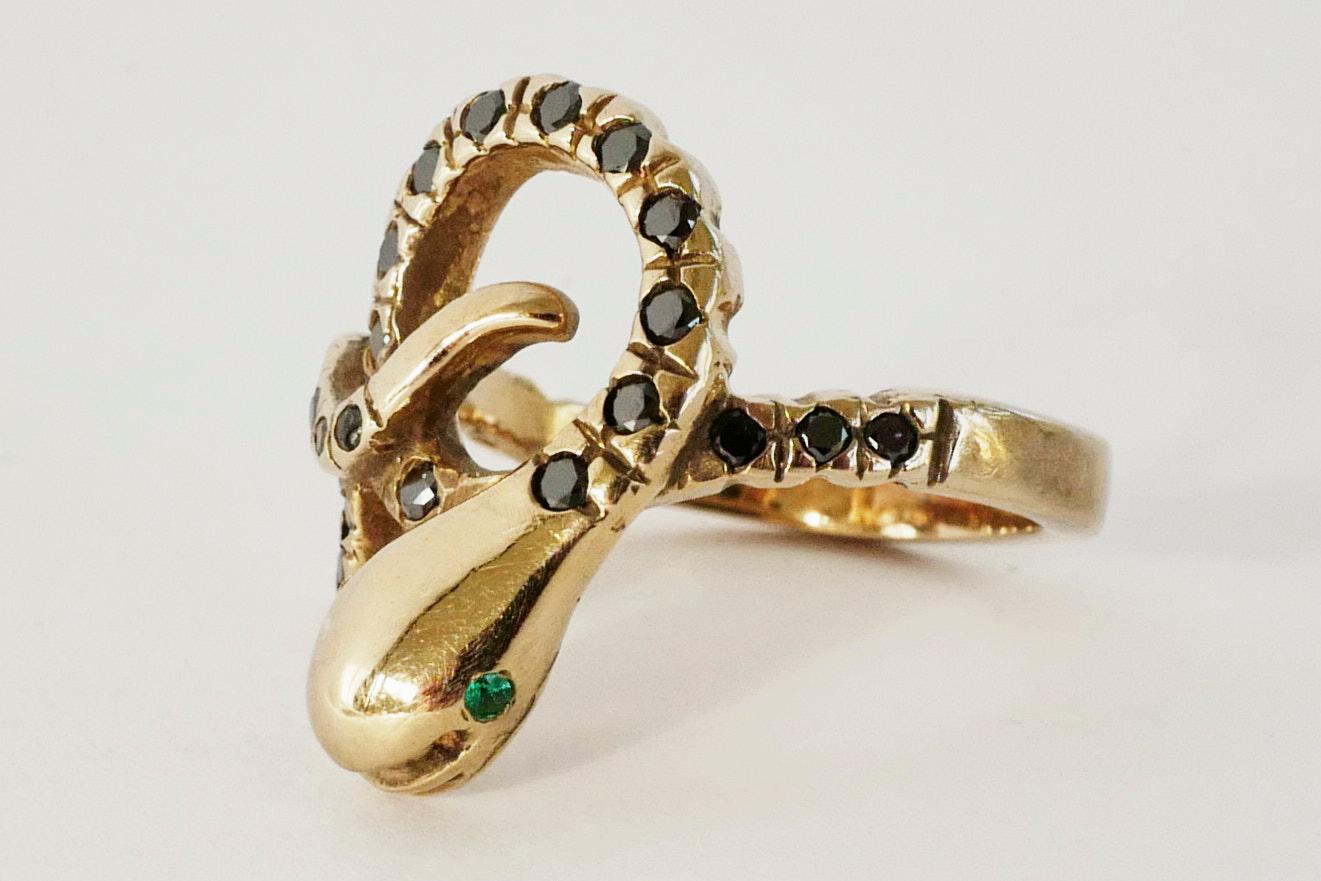 Black Diamond Emerald Snake Ring Cocktail Ring Victorian Style Bronze J Dauphin For Sale 2