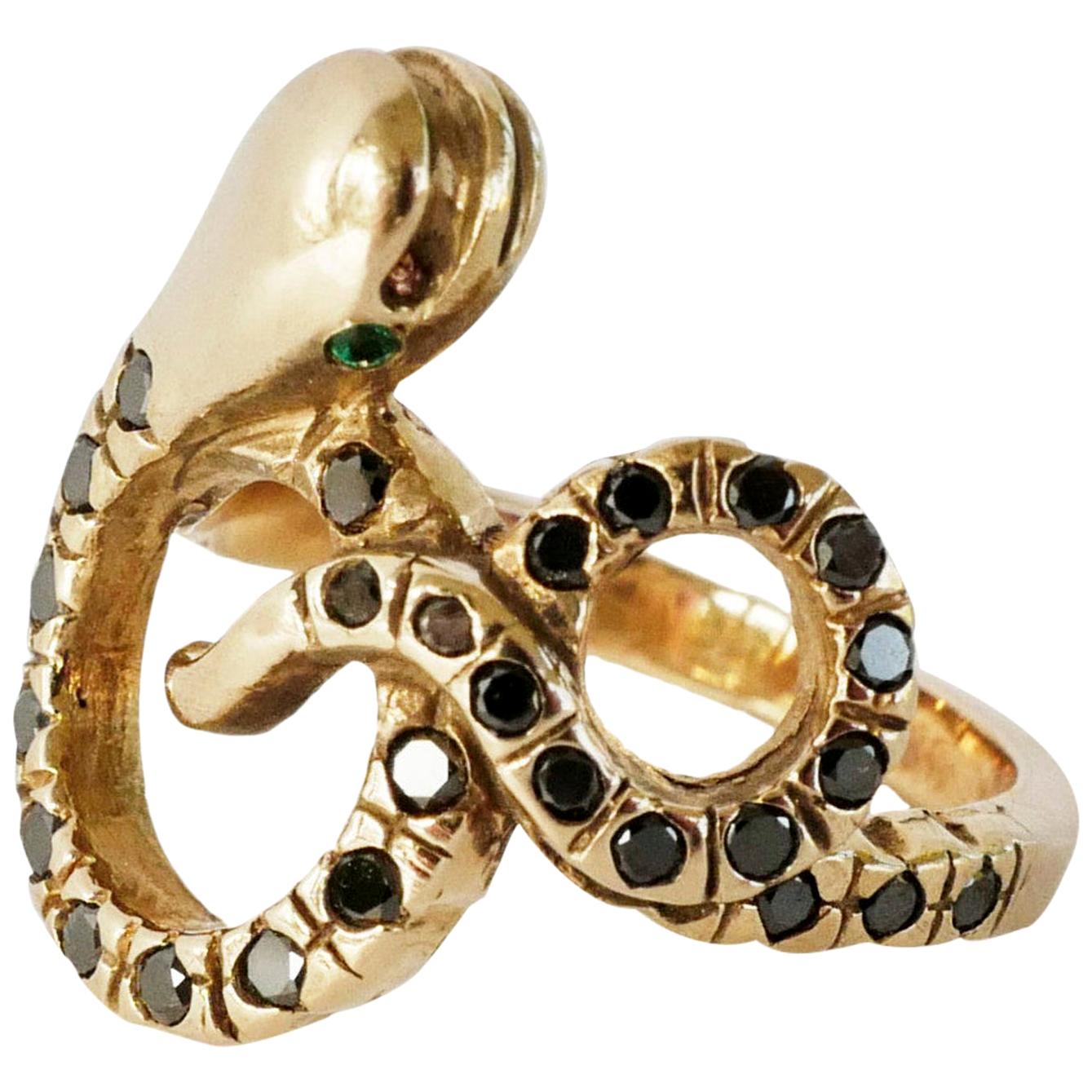 Bague cocktail serpent en diamant noir et émeraude de style victorien J Dauphin en bronze