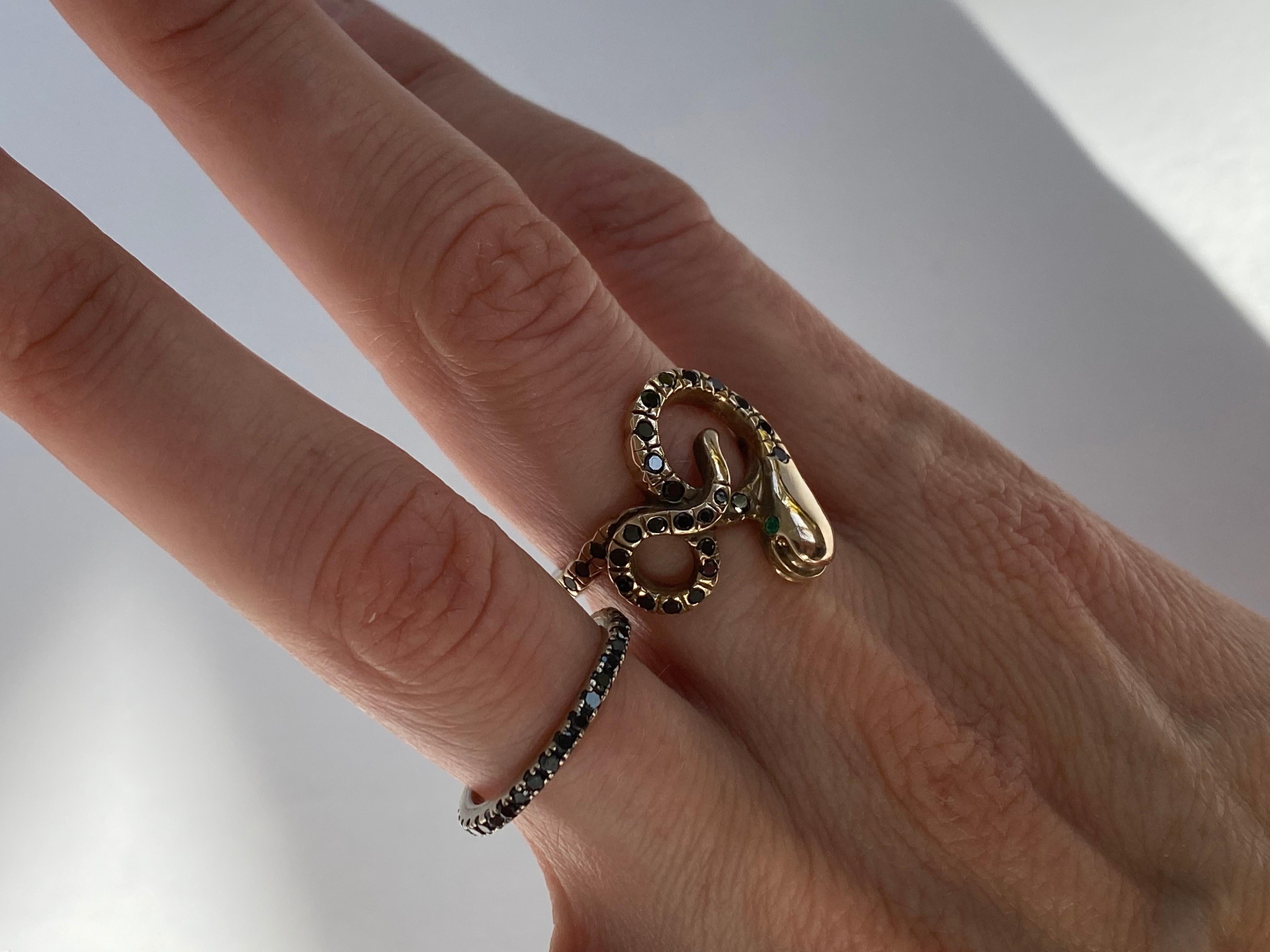 Black Diamond Emerald Eyes Gold Snake Ring Victorian Style For Sale 5