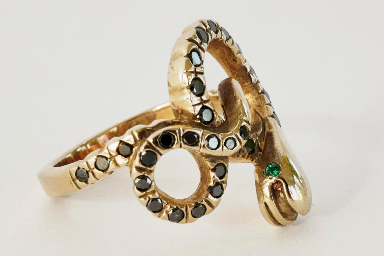 29 Pcs Black Diamond and Emerald Eyes 14K Gold Cocktail Ring Victorian Style J Dauphin

J DAUPHIN 