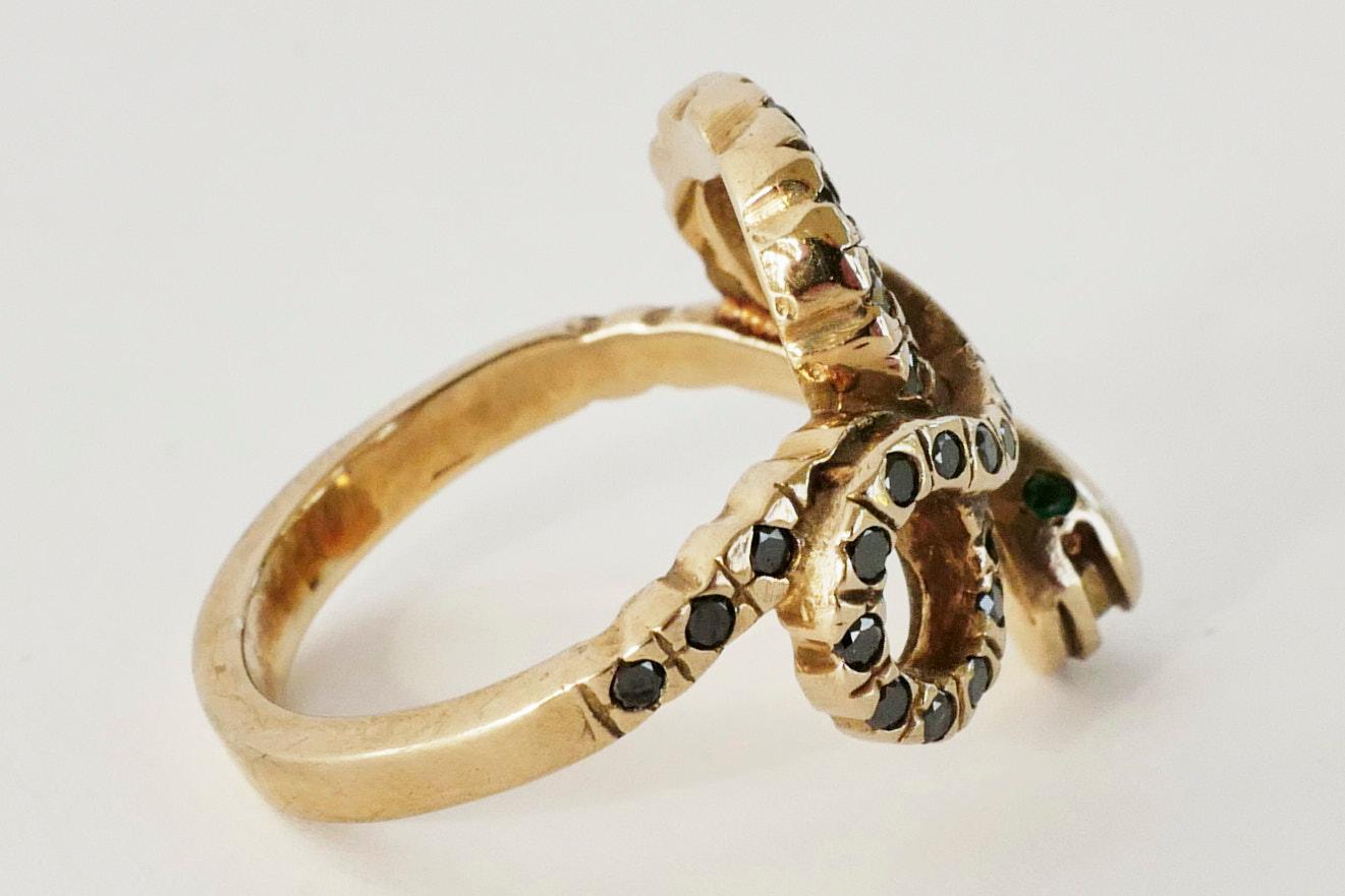 Women's Black Diamond Emerald Eyes Gold Snake Ring Victorian Style For Sale