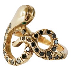 Schwarzer Diamant-Smaragd-Augen-Gold-Schlangenring im viktorianischen Stil
