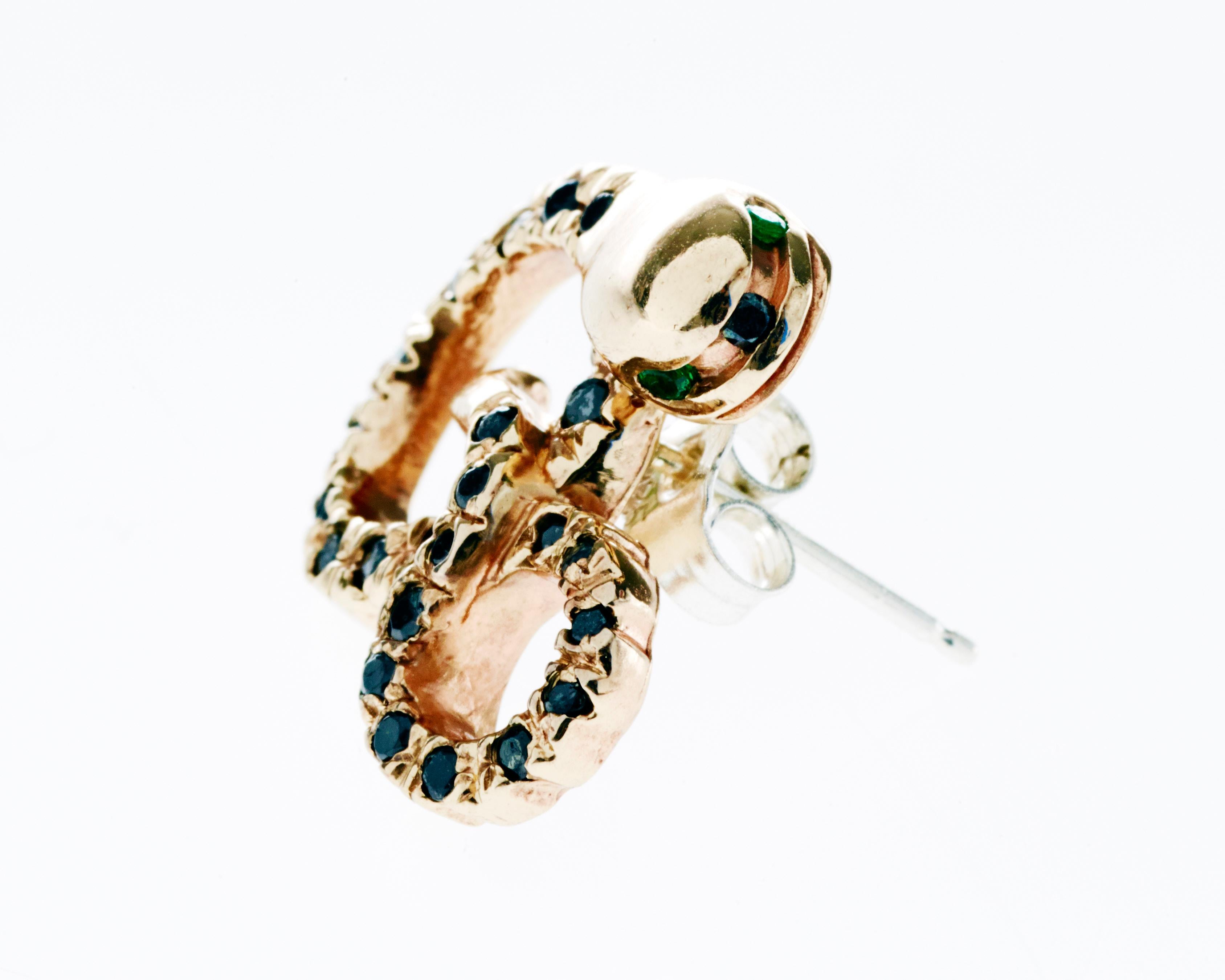 Round Cut Black Diamond Emerald Gold Snake Earring J Dauphin For Sale