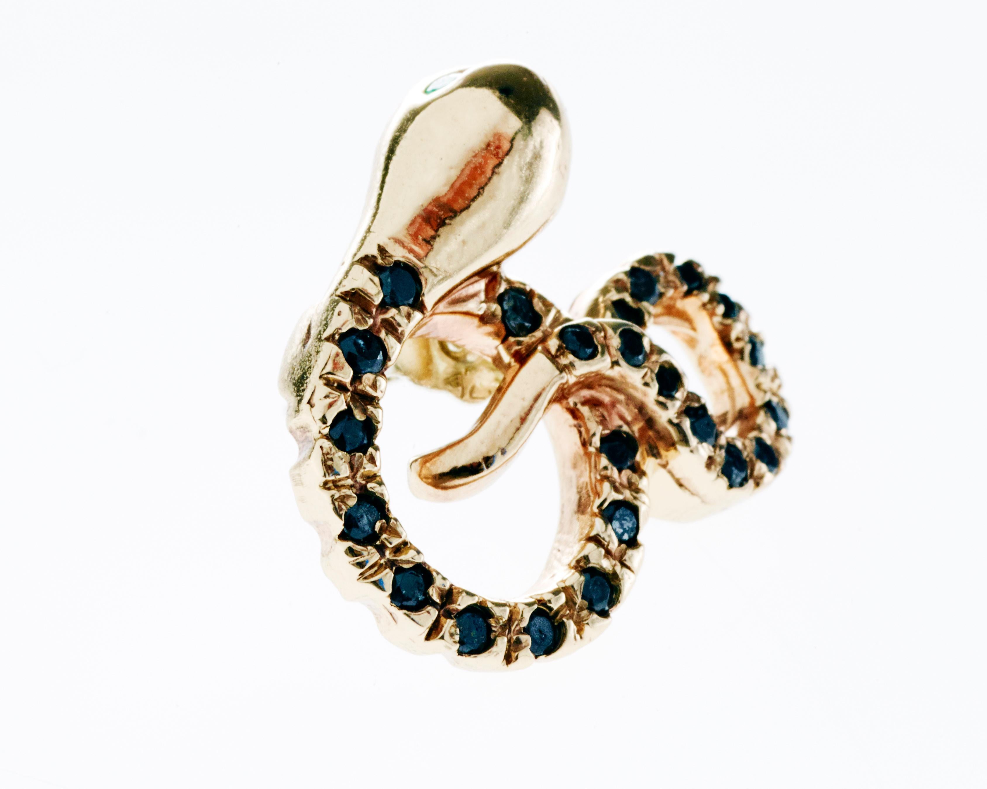 Contemporary Black Diamond Emerald Solid Gold Snake Earring
