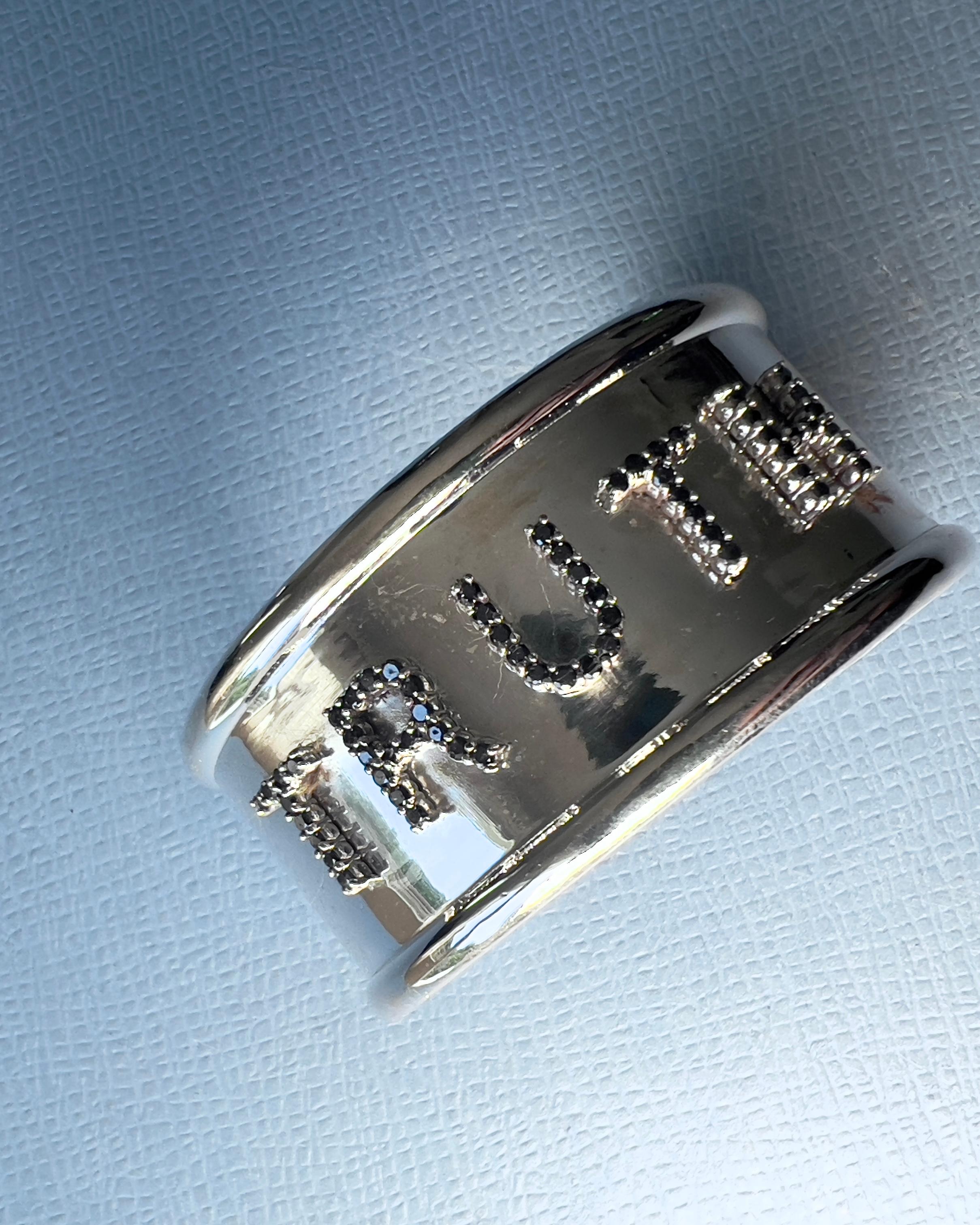 Women's Black Diamond Encrusted Cuff TRUTH Silver For Sale