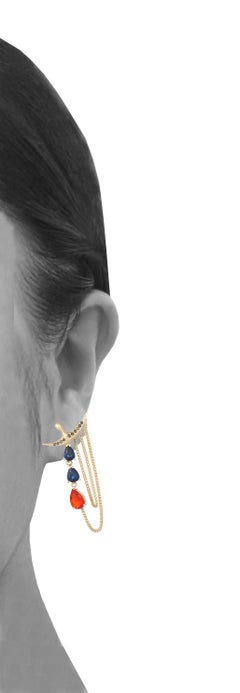 MAIKO NAGAYAMA Black Diamond Fire Opal Blue Sapphire 18K Contemporary Earrings